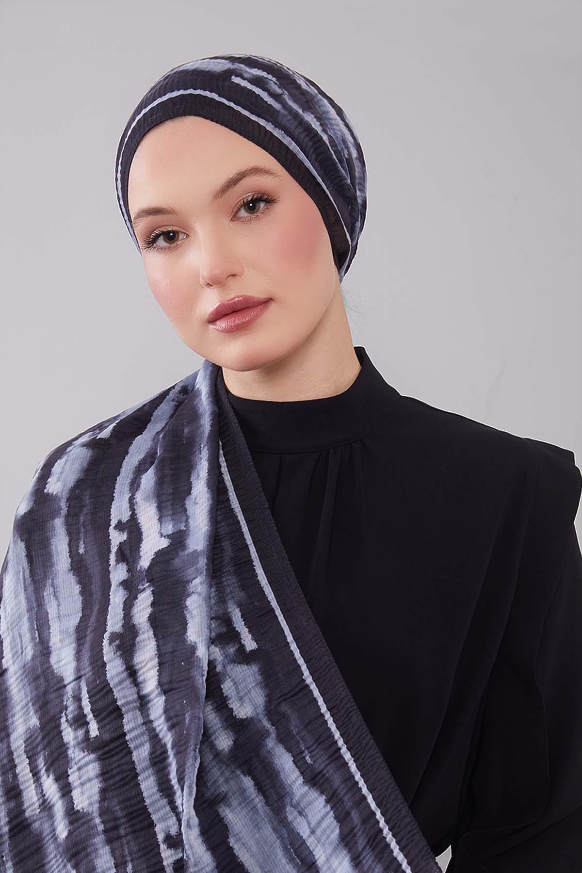 Fivescarf Siyah Harmal Desen Müslin Cotton Şal