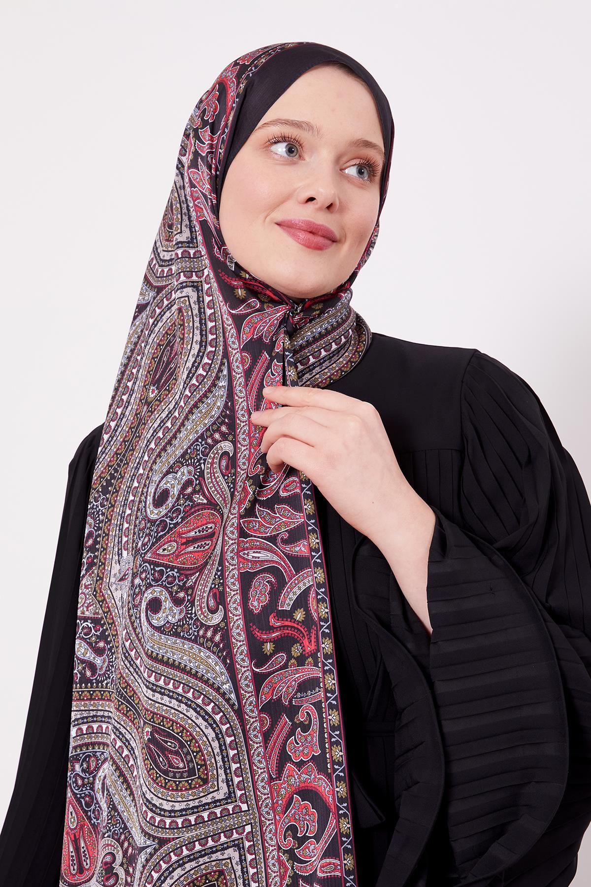 Fivescarf Siyah-Kırmızı Etnik Desen Brand Şal