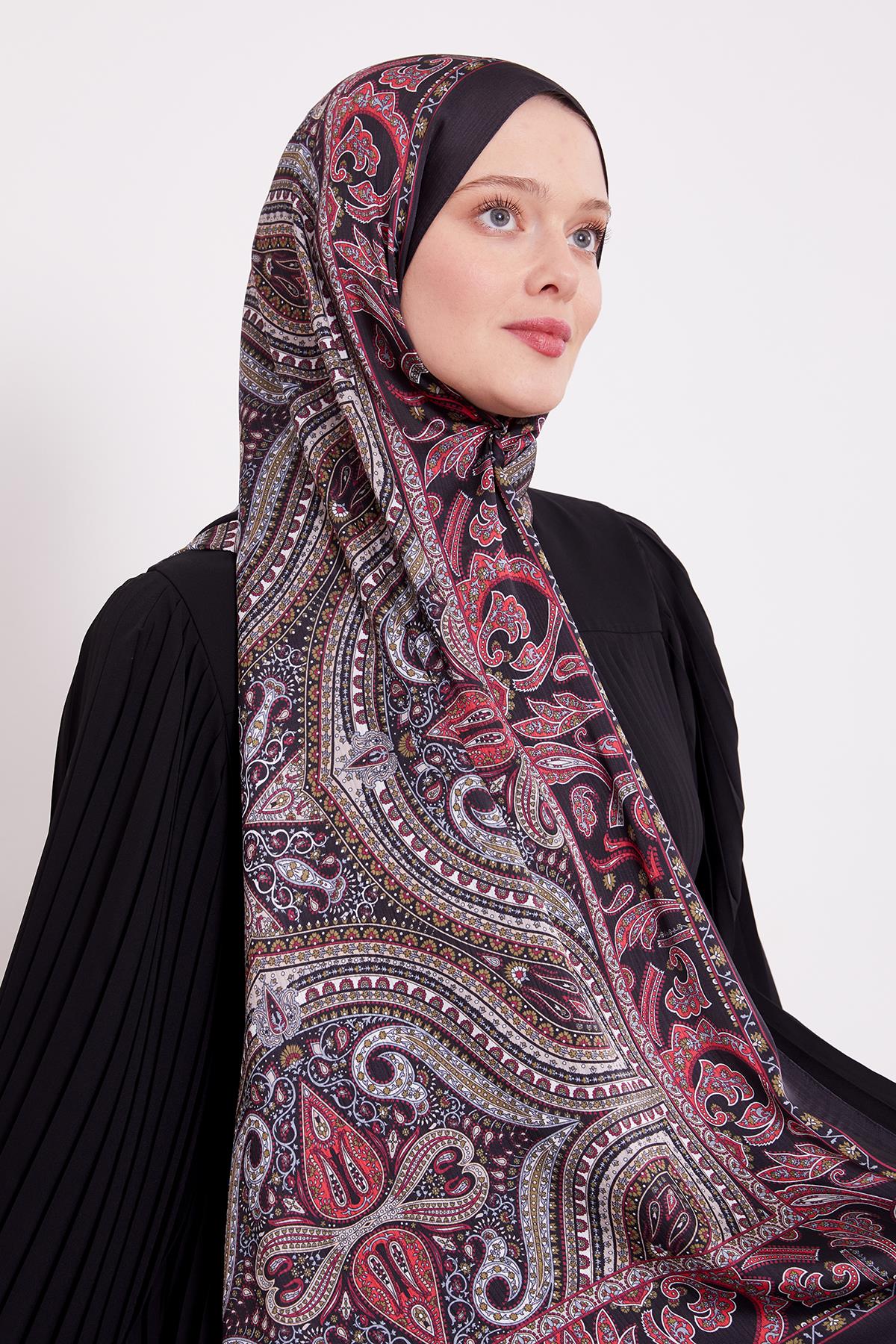 Fivescarf Siyah-Kırmızı Etnik Desen Brand Şal