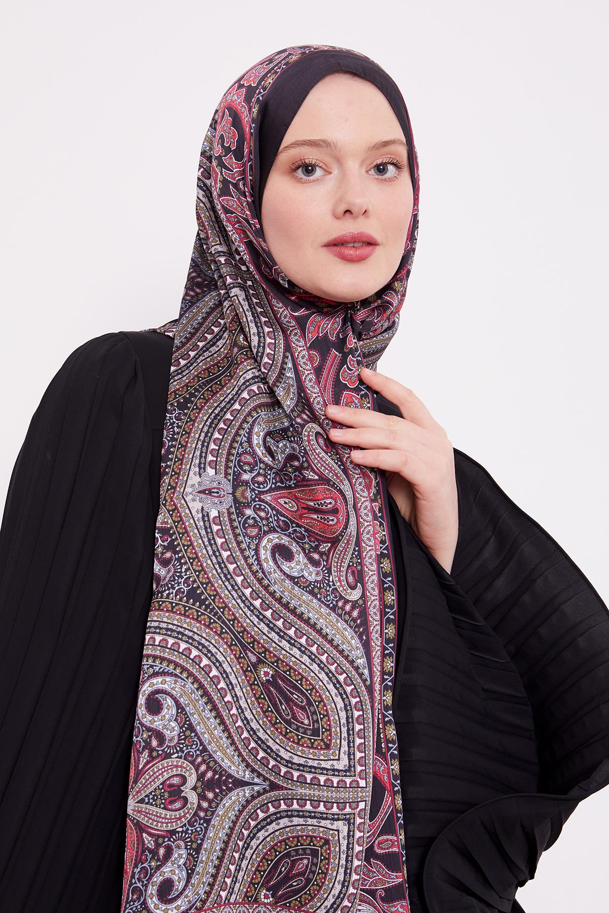 Fivescarf Siyah-Kırmızı Etnik Desen Brand Şal