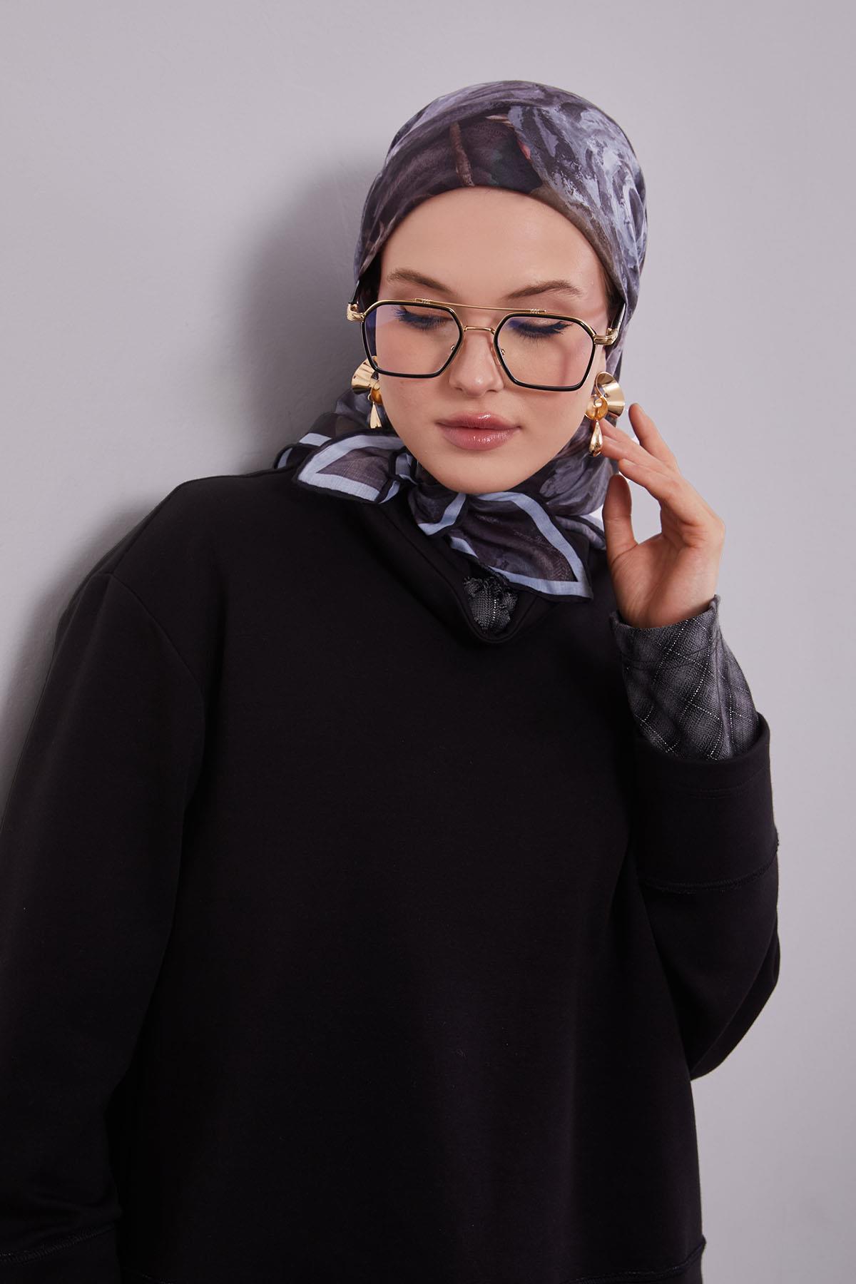Fivescarf Siyah Lale Desen Silk Coton Eşarp