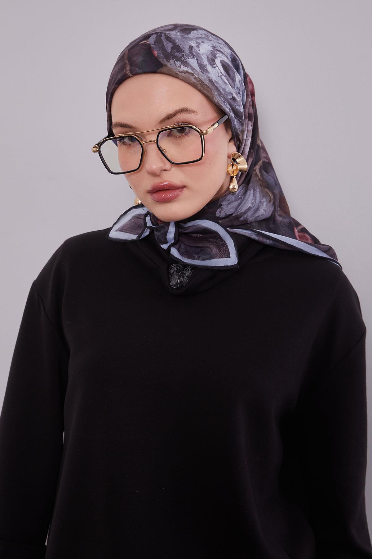 Fivescarf Siyah Lale Desen Silk Coton Eşarp