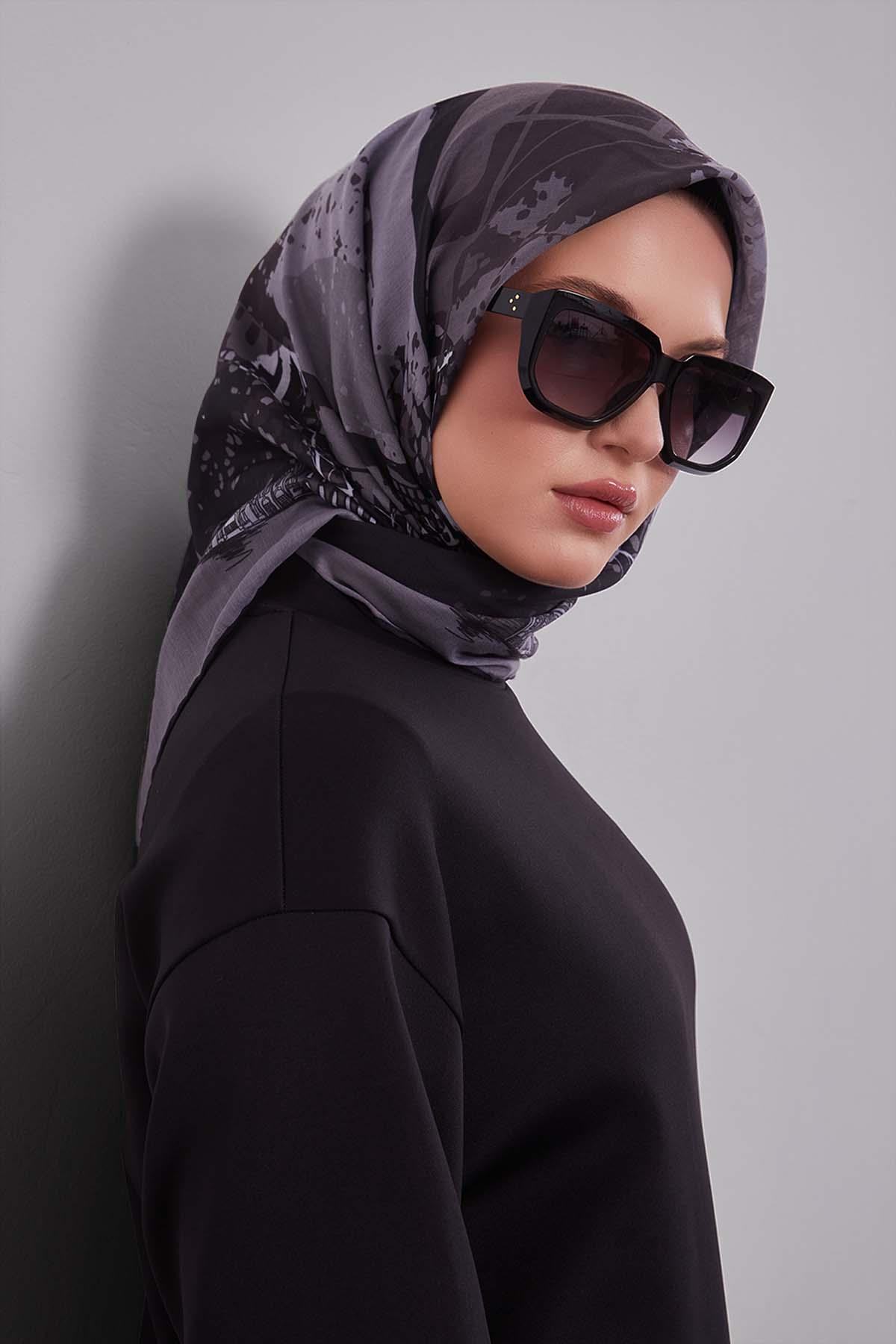 Fivescarf Siyah Manzara Desen Silk Coton Eşarp