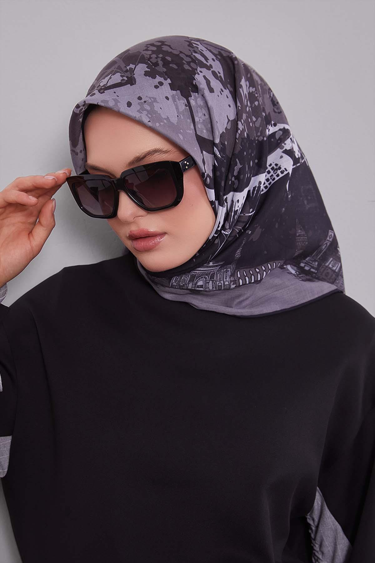 Fivescarf Siyah Manzara Desen Silk Coton Eşarp