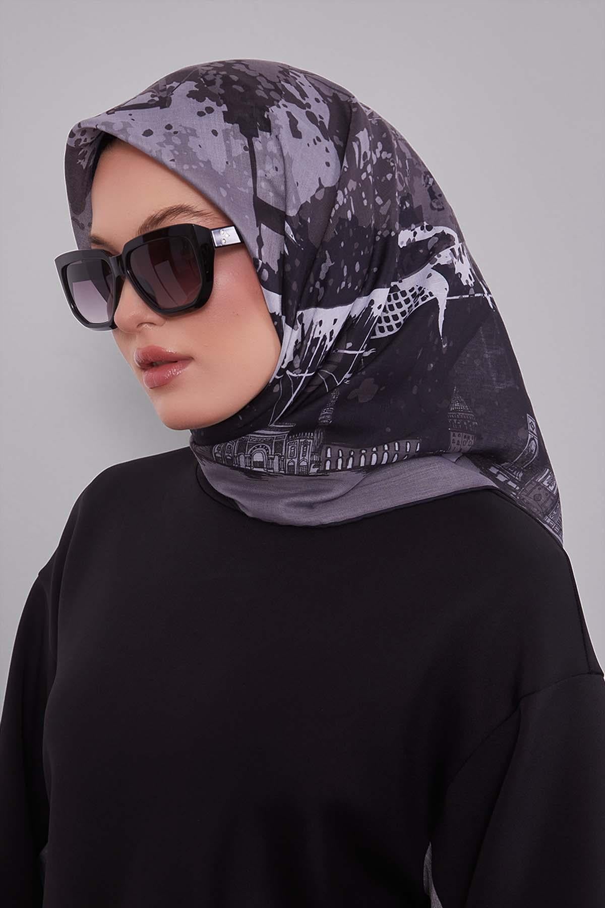 Fivescarf Siyah Manzara Desen Silk Coton Eşarp