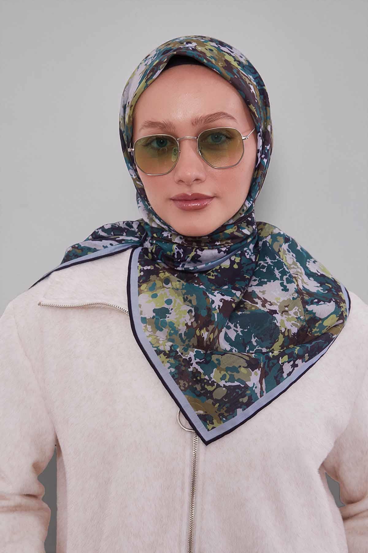 Fivescarf Siyah-Mavi Damla Desen Silk Coton Eşarp