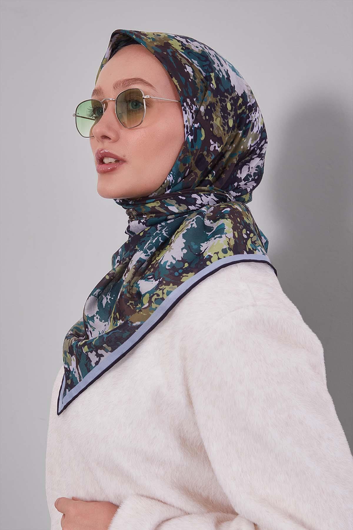 Fivescarf Siyah-Mavi Damla Desen Silk Coton Eşarp