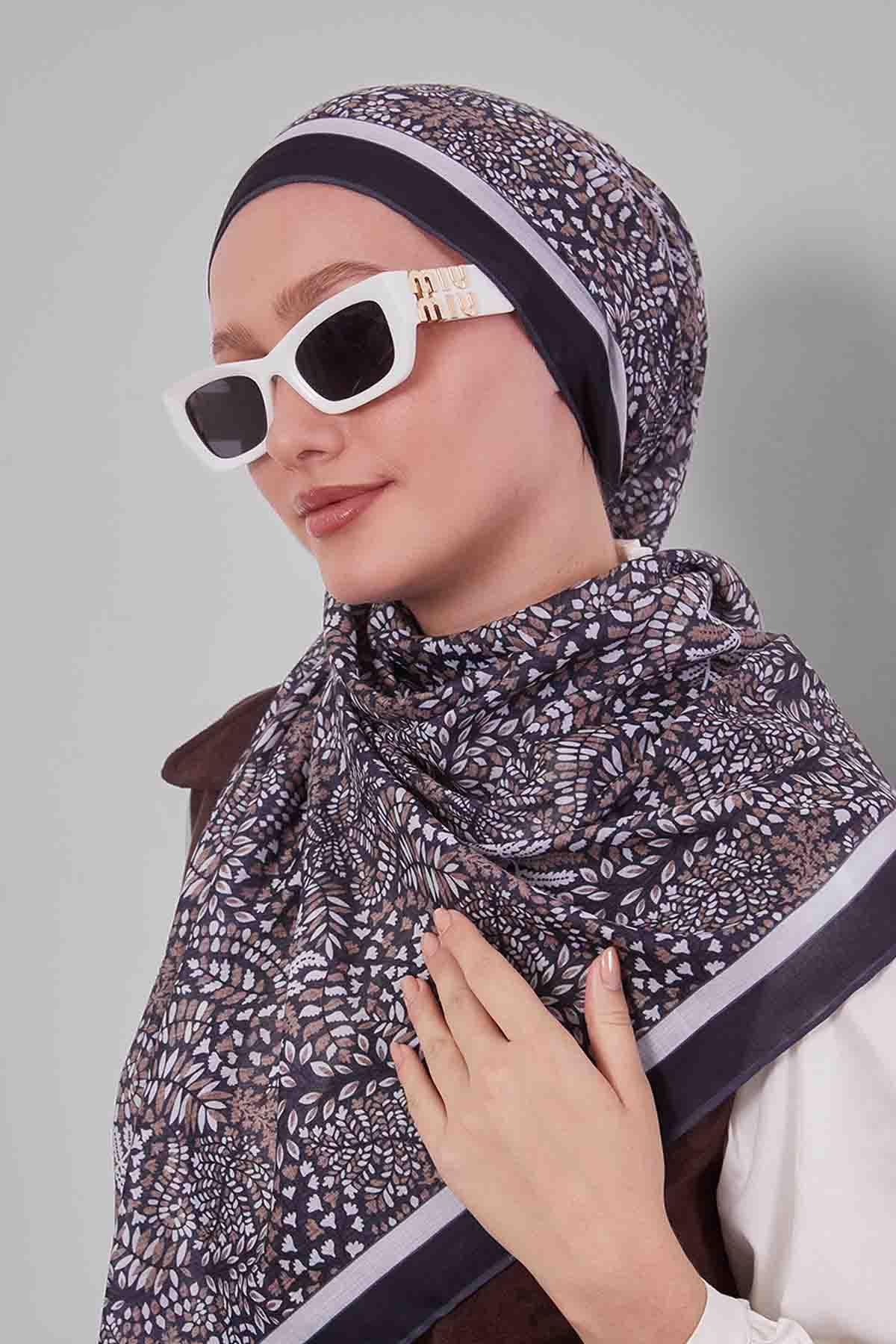 Fivescarf Siyah Mini Yaprak Desen Silk Coton Eşarp