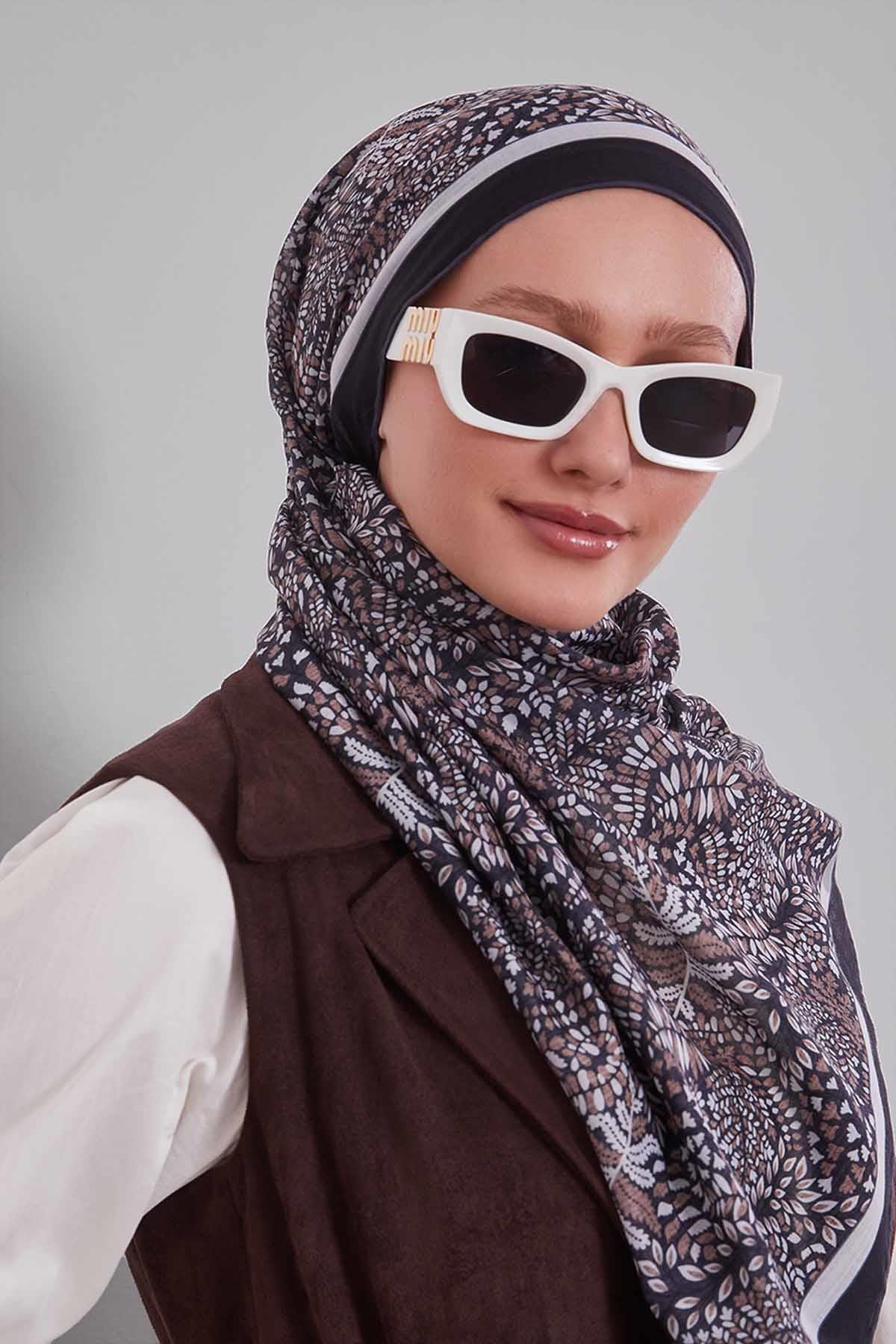 Fivescarf Siyah Mini Yaprak Desen Silk Coton Eşarp