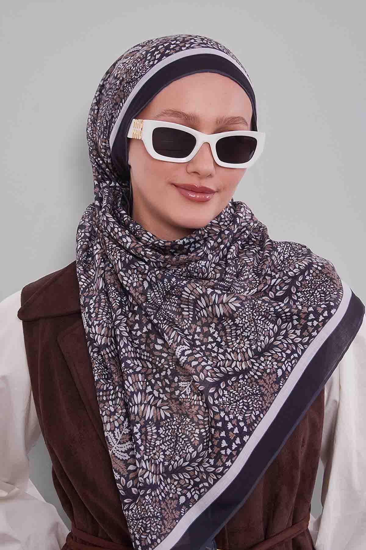 Fivescarf Siyah Mini Yaprak Desen Silk Coton Eşarp