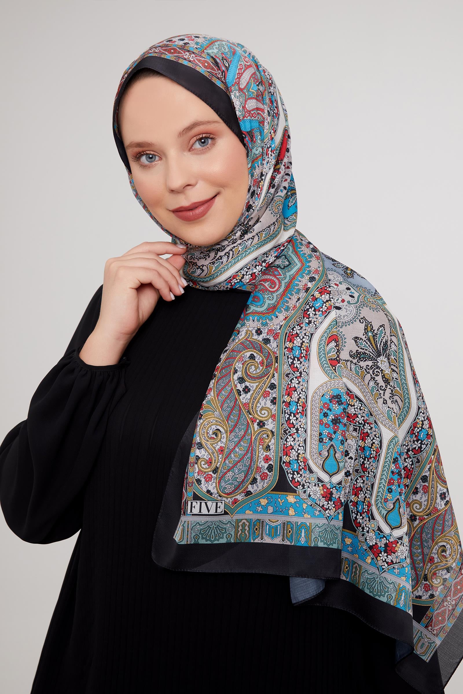 Fivescarf Siyah-Oranj Etnik Baskılı Vual İpek Şal