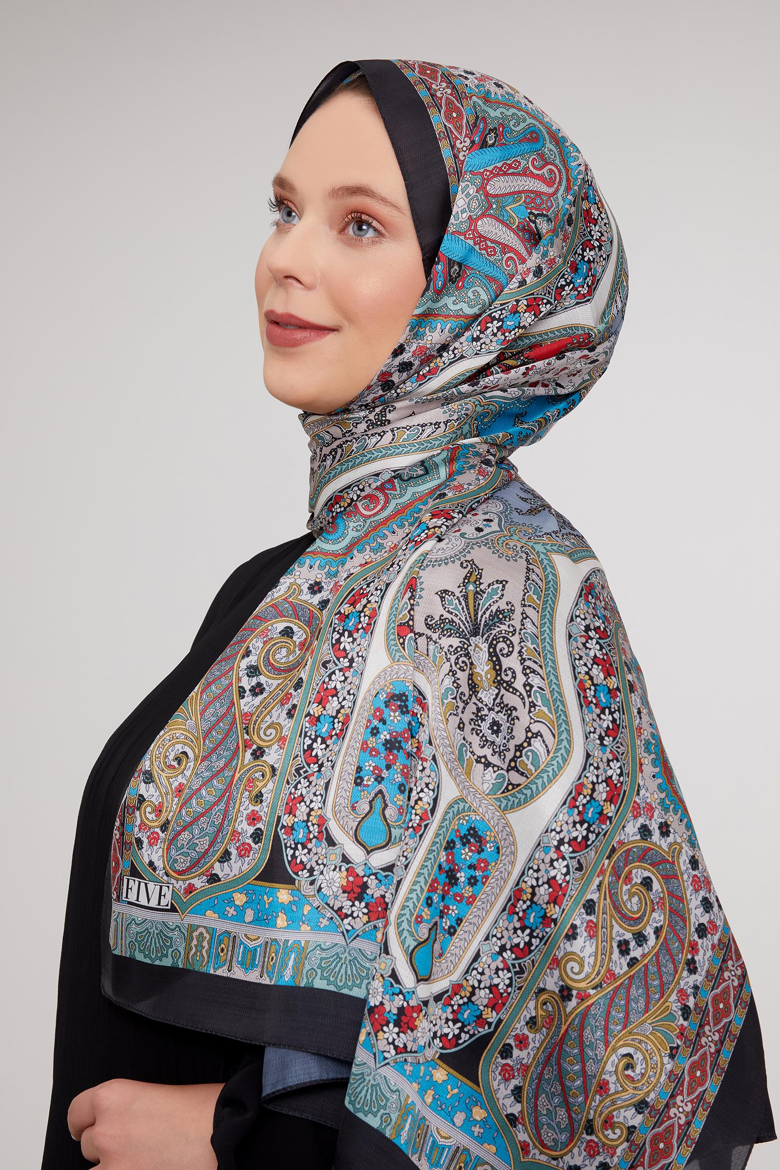 Fivescarf Siyah-Oranj Etnik Baskılı Vual İpek Şal