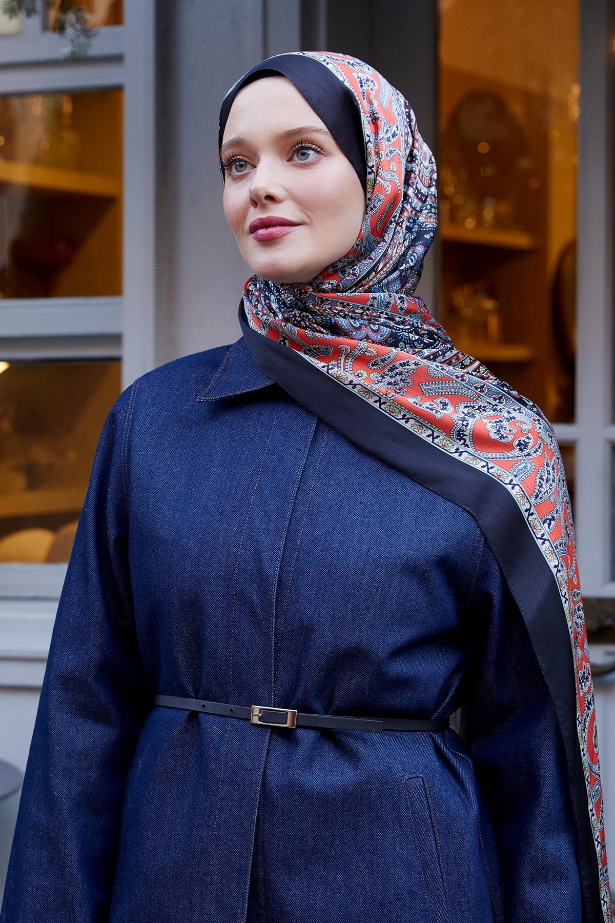 Fivescarf Siyah-Oranj Etnik Desen Brand Şal