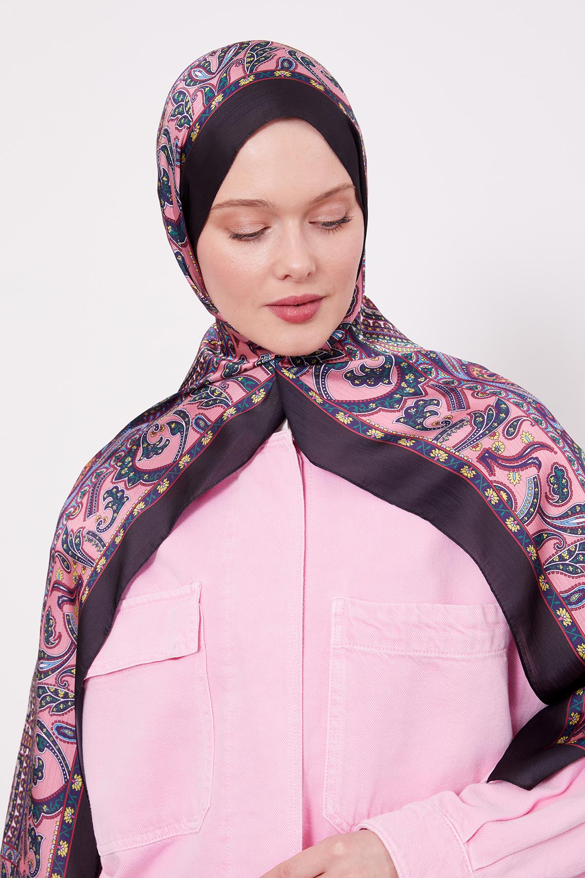 Fivescarf SİYAH-PEMBE Etnik Desen Brand Şal