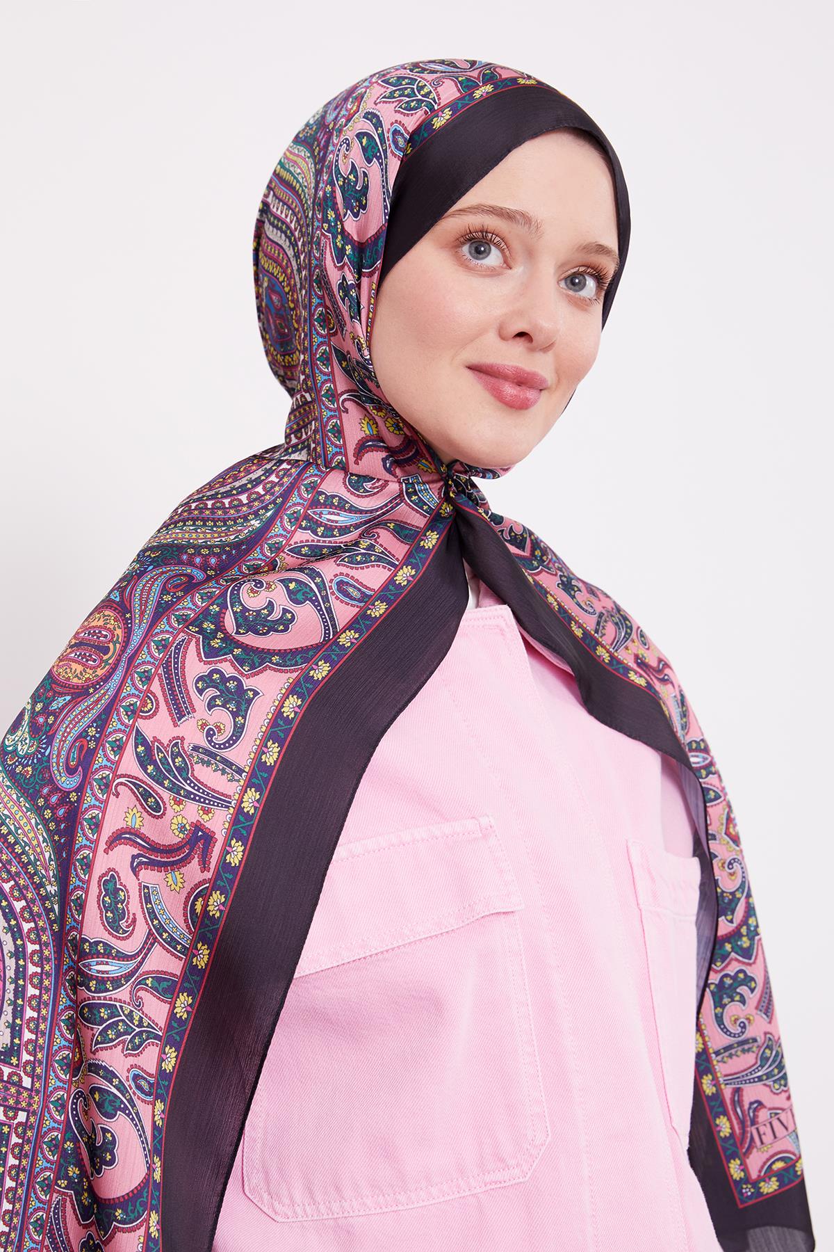 Fivescarf SİYAH-PEMBE Etnik Desen Brand Şal