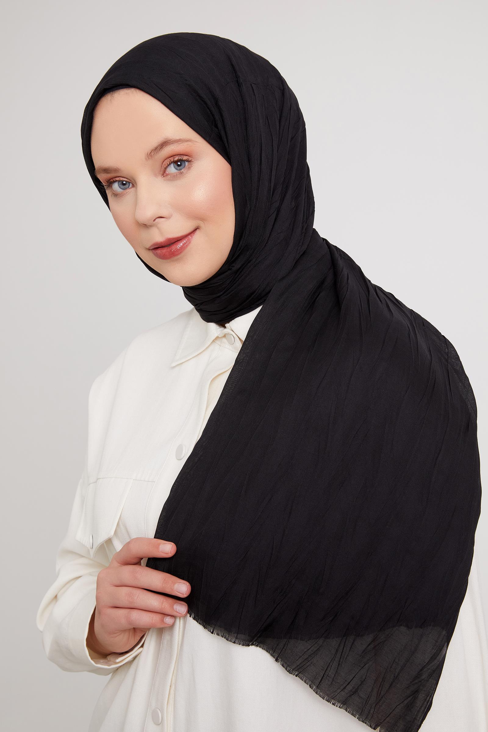 Fivescarf Siyah Pliseli Pamuklu Şal