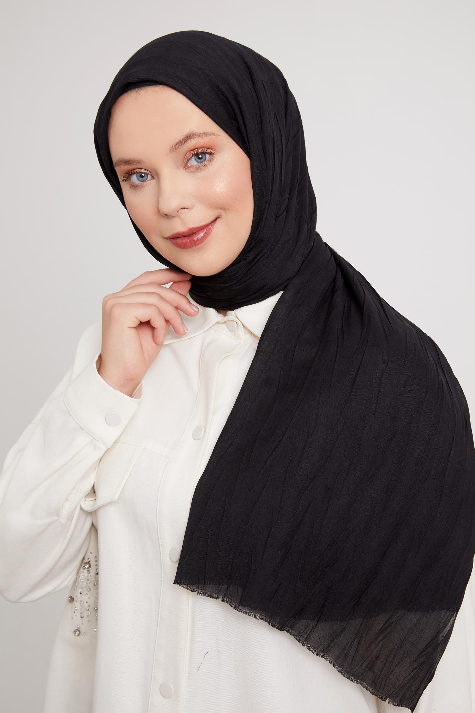 Fivescarf Siyah Pliseli Pamuklu Şal