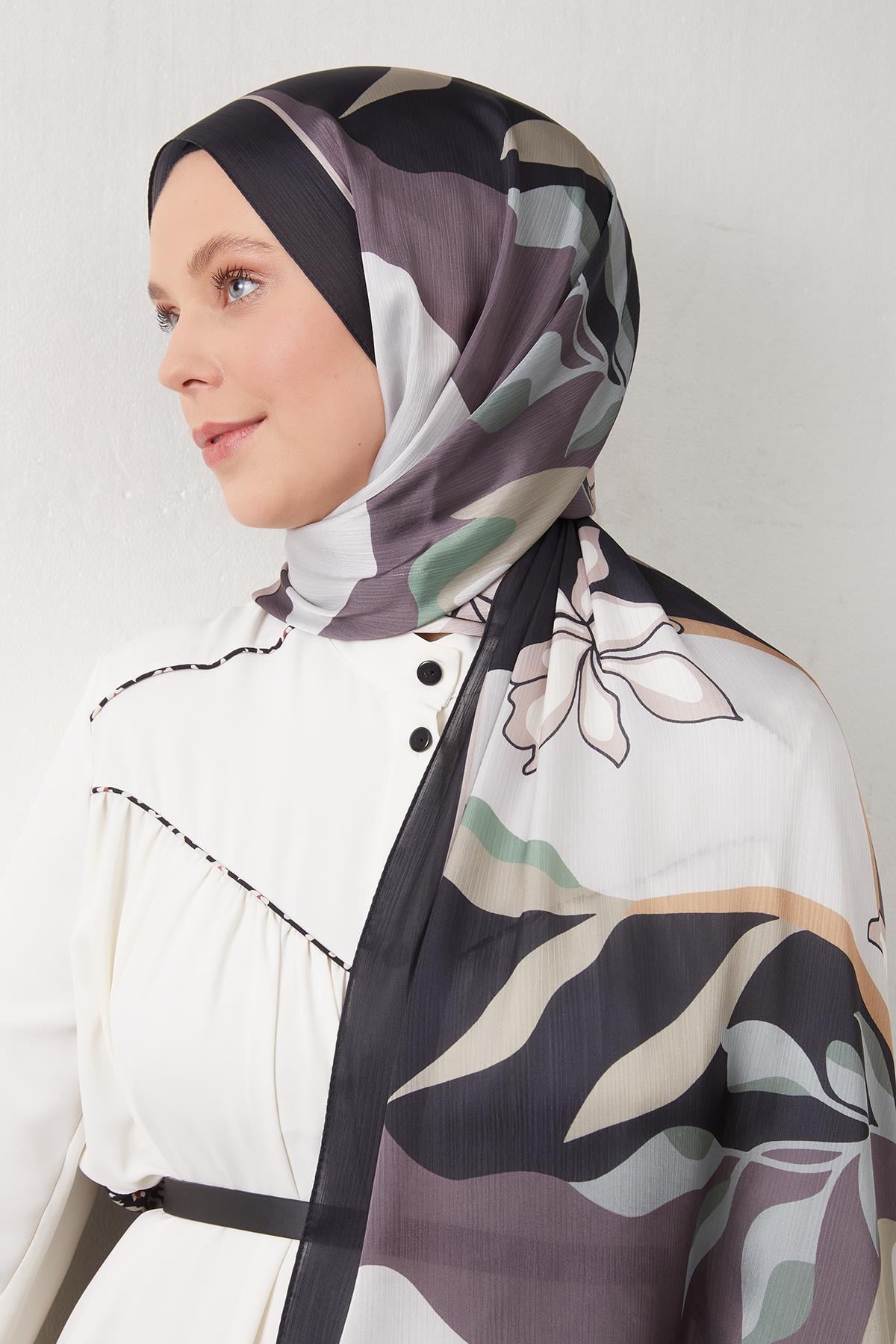 Fivescarf Siyah-Vizon Soyut Çiçek Desen Brand Şal