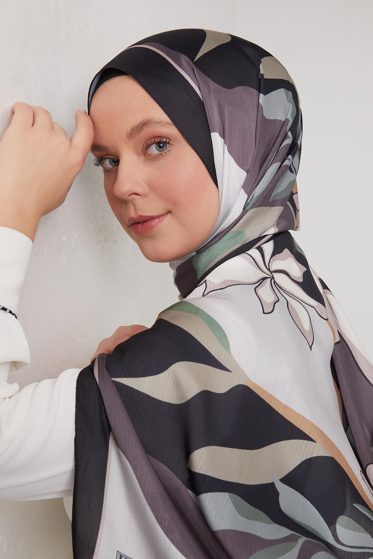 Fivescarf Siyah-Vizon Soyut Çiçek Desen Brand Şal