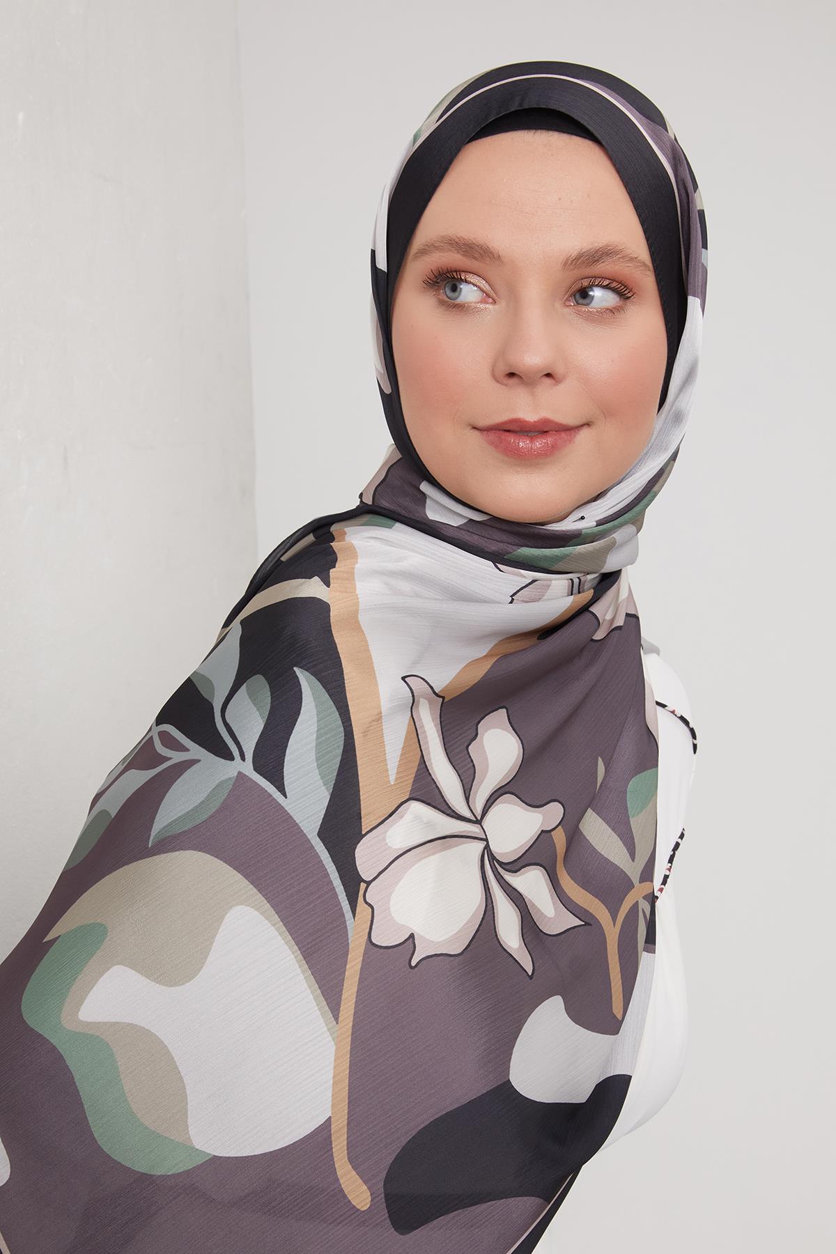 Fivescarf Siyah-Vizon Soyut Çiçek Desen Brand Şal