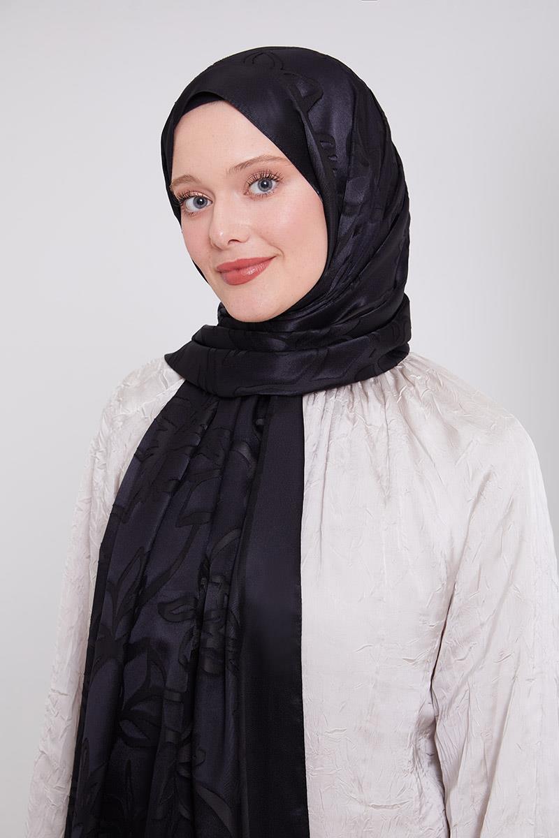Fivescarf Siyah Yonca Desen Deluxe Devore Şal