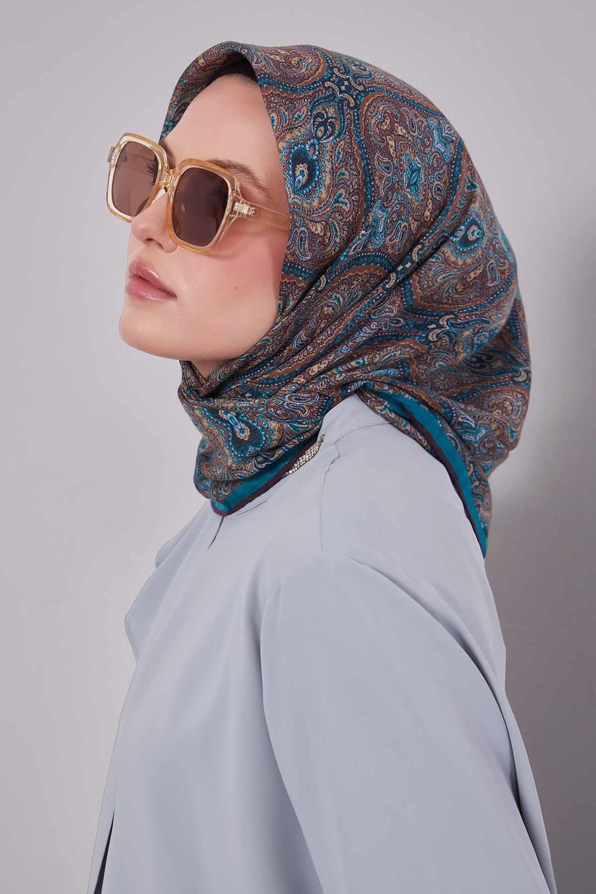Fivescarf Su Yeşili Çini Desen Silk Coton Eşarp