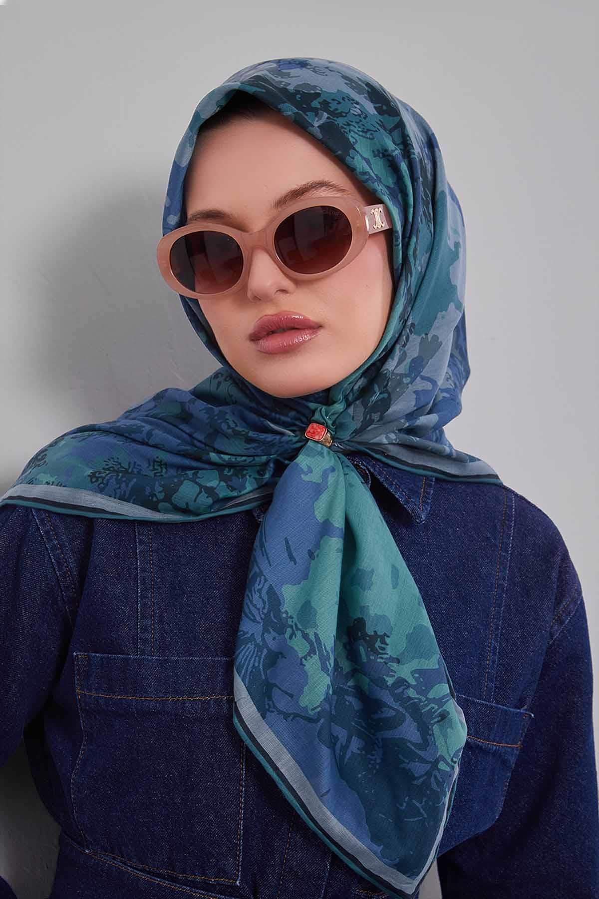 Fivescarf Su Yeşili Karışık Desen Silk Coton Eşarp