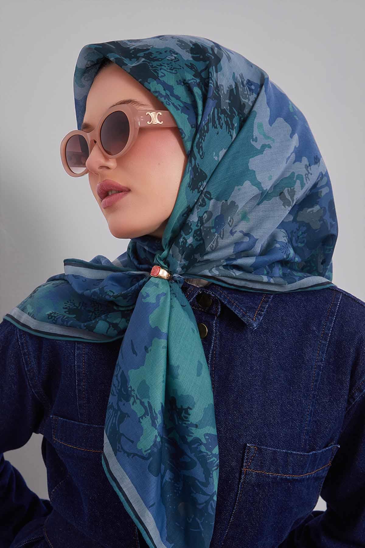 Fivescarf Su Yeşili Karışık Desen Silk Coton Eşarp