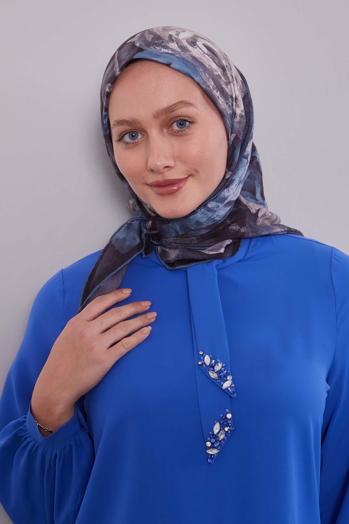 Fivescarf Su Yeşili Lale Desen Silk Coton Eşarp