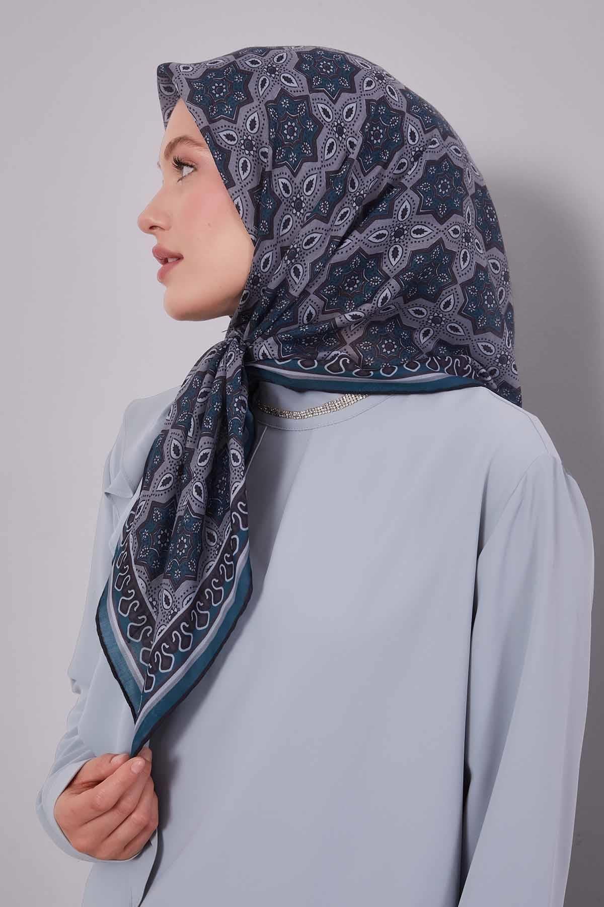 Fivescarf Su Yeşili Motif Desen Silk Coton Eşarp