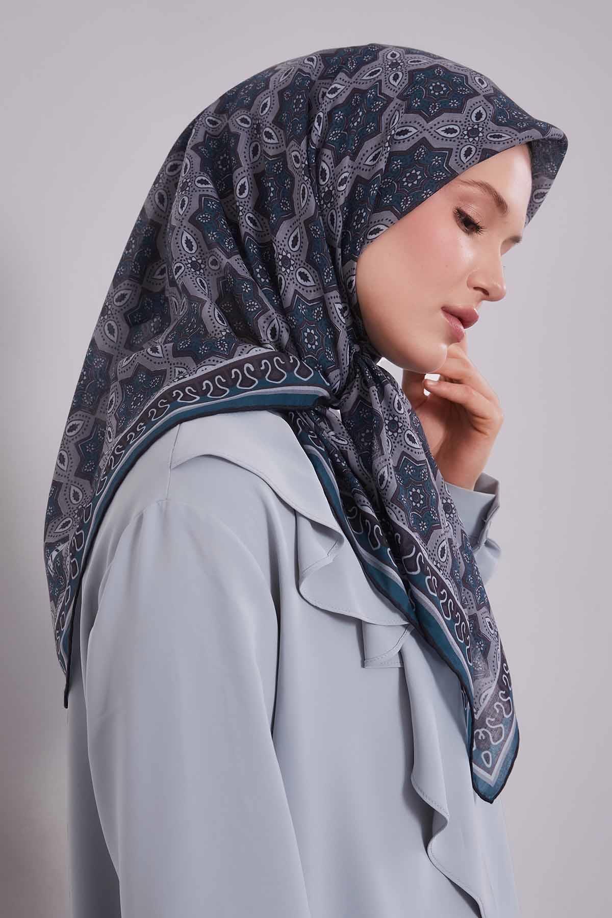 Fivescarf Su Yeşili Motif Desen Silk Coton Eşarp