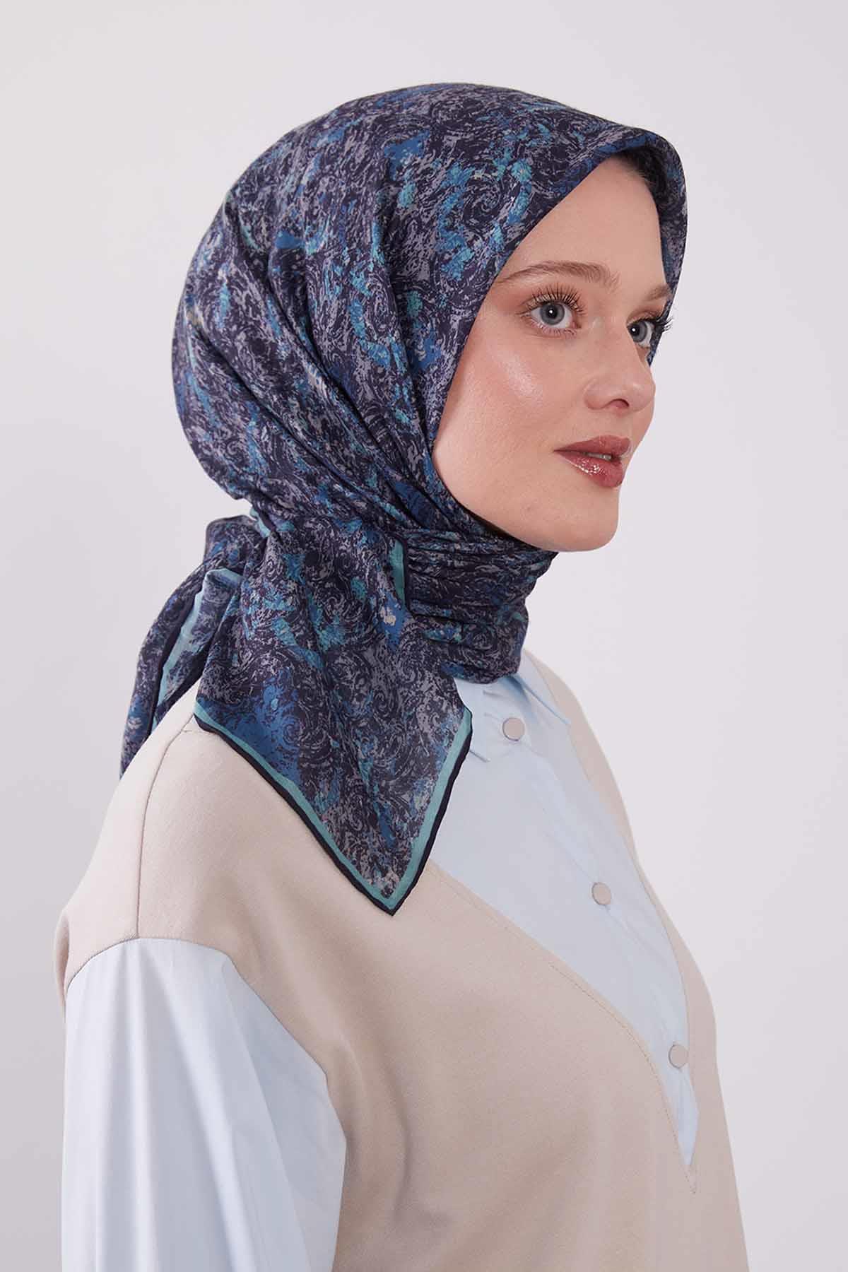 Fivescarf Su Yeşili Retro Çiçek Desen Silk Coton Eşarp