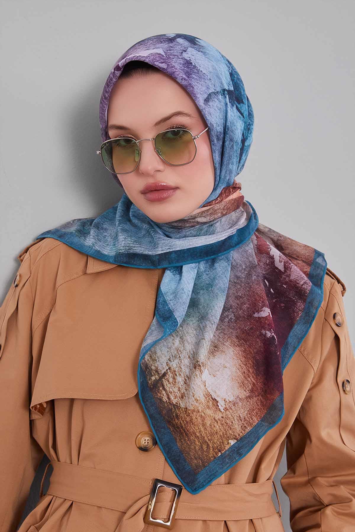 Fivescarf Su Yeşili Soyut Desen Silk Coton Eşarp