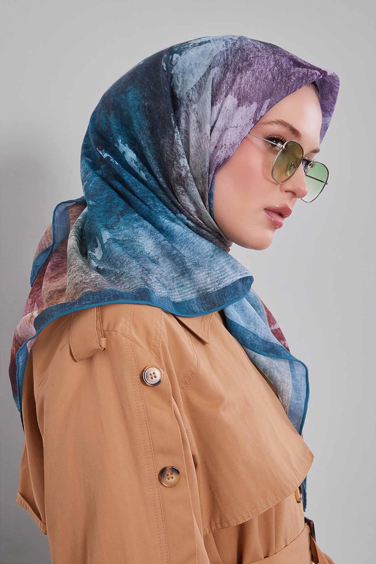 Fivescarf Su Yeşili Soyut Desen Silk Coton Eşarp