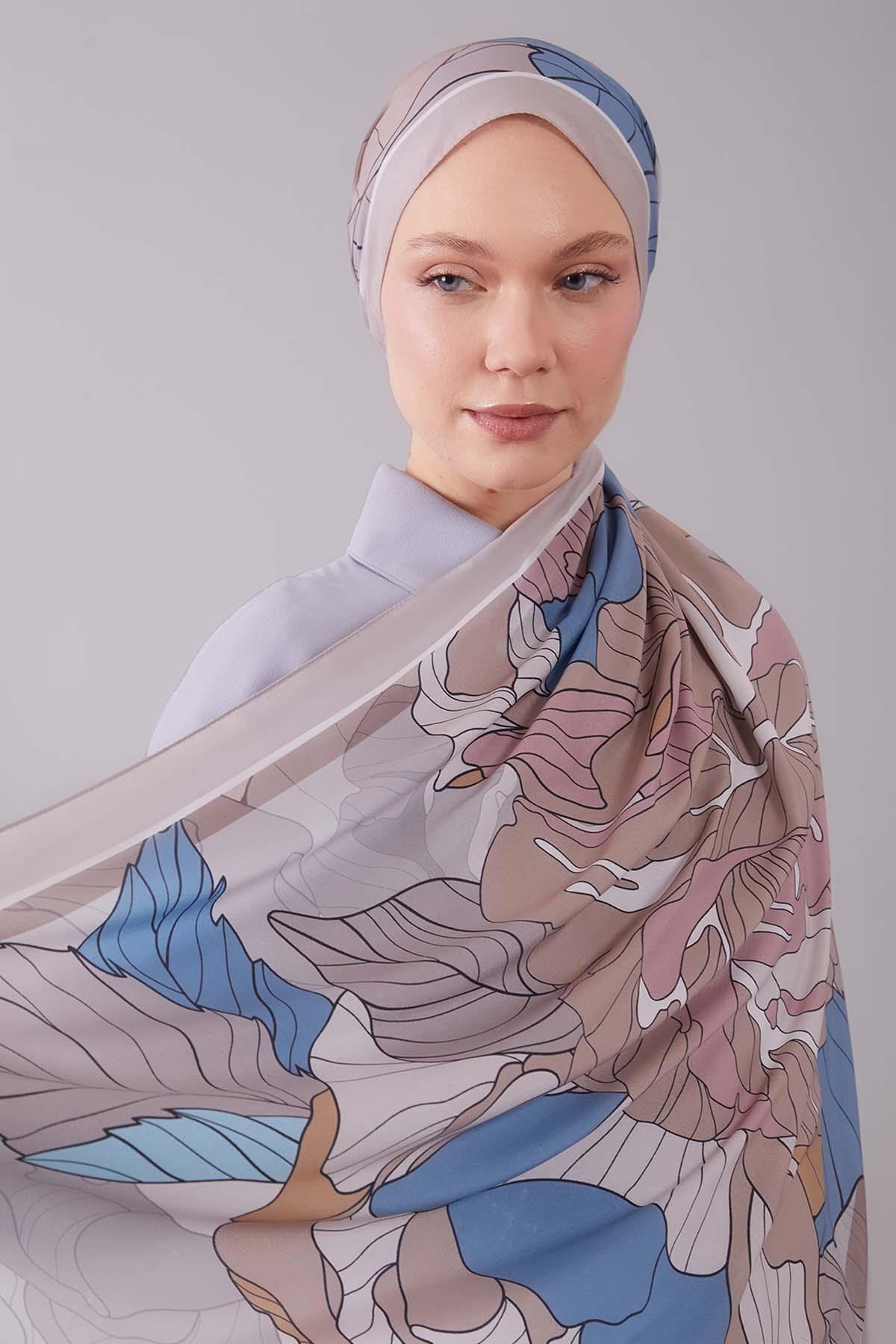 Fivescarf Sütlü Kahve Çiçekli Floral Desen Moos Chrep Şal