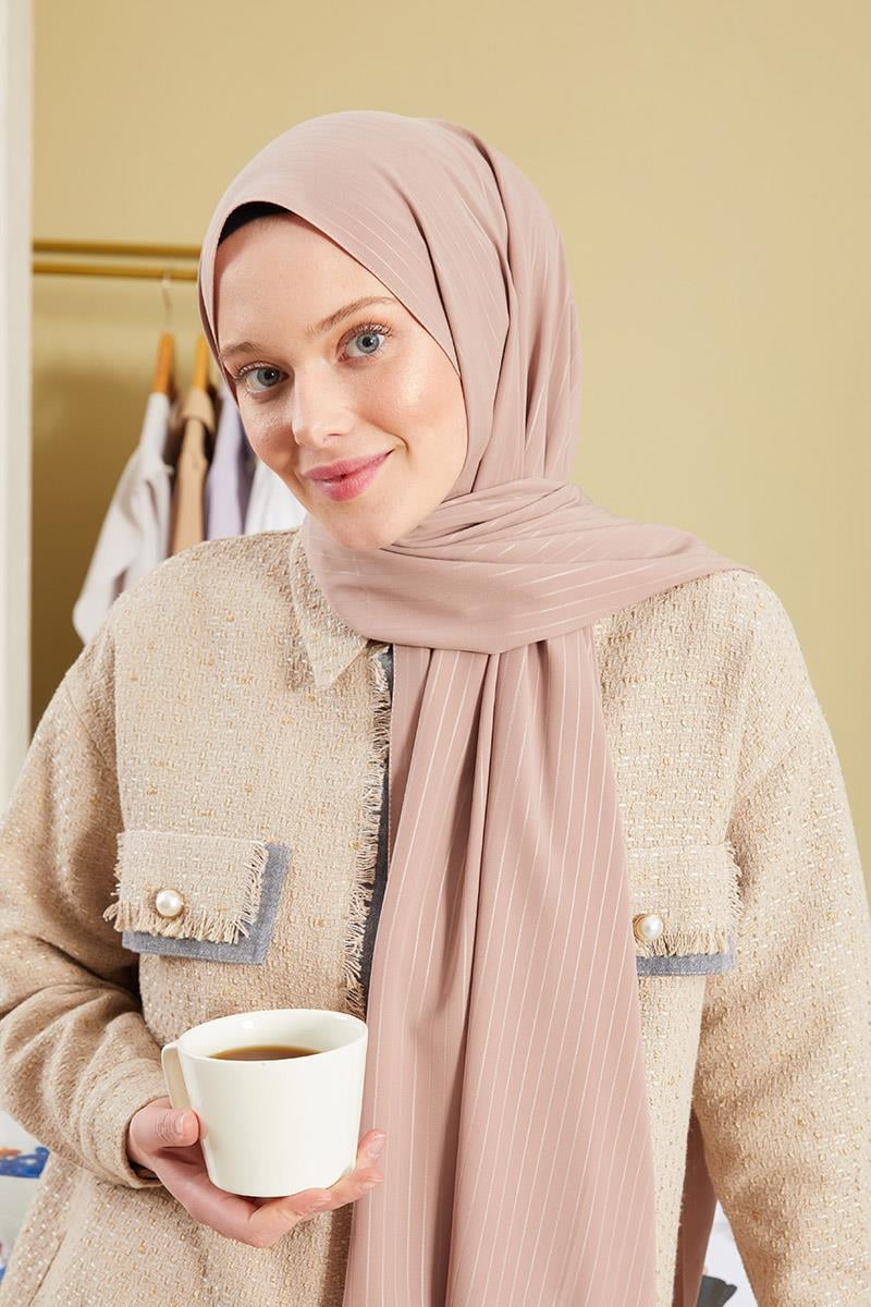Fivescarf Sütlü Kahve Çizgili Desen Mood Medine İpeği Şal