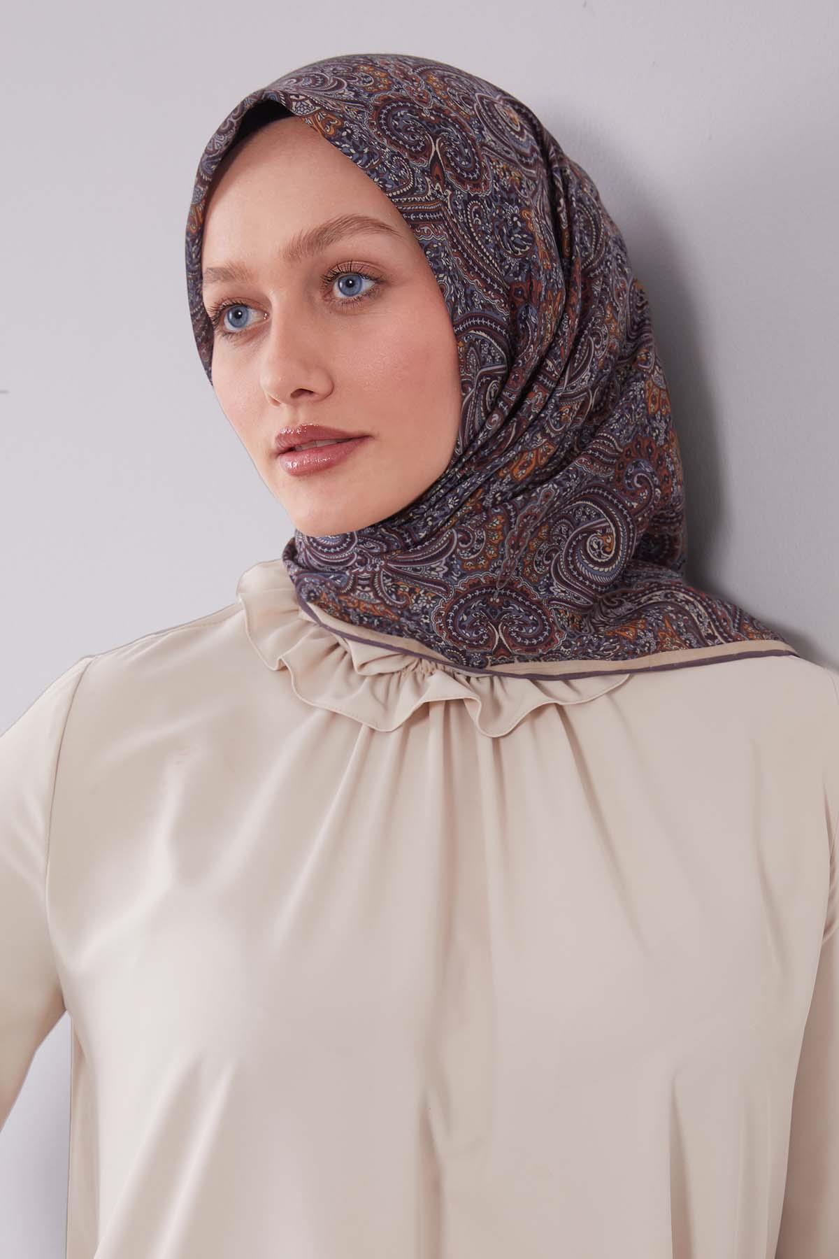 Fivescarf Sütlü Kahve Etnik Desen Silk Cotton Eşarp