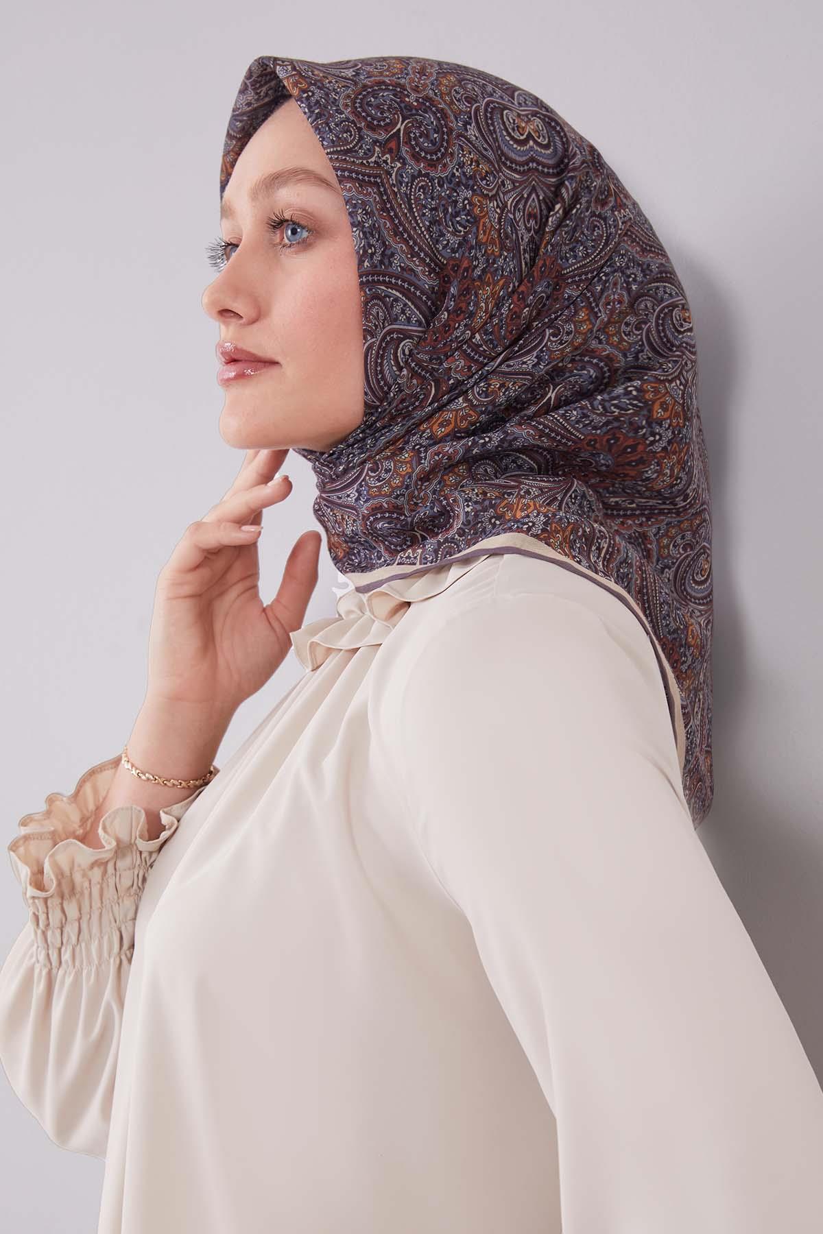 Fivescarf Sütlü Kahve Etnik Desen Silk Cotton Eşarp