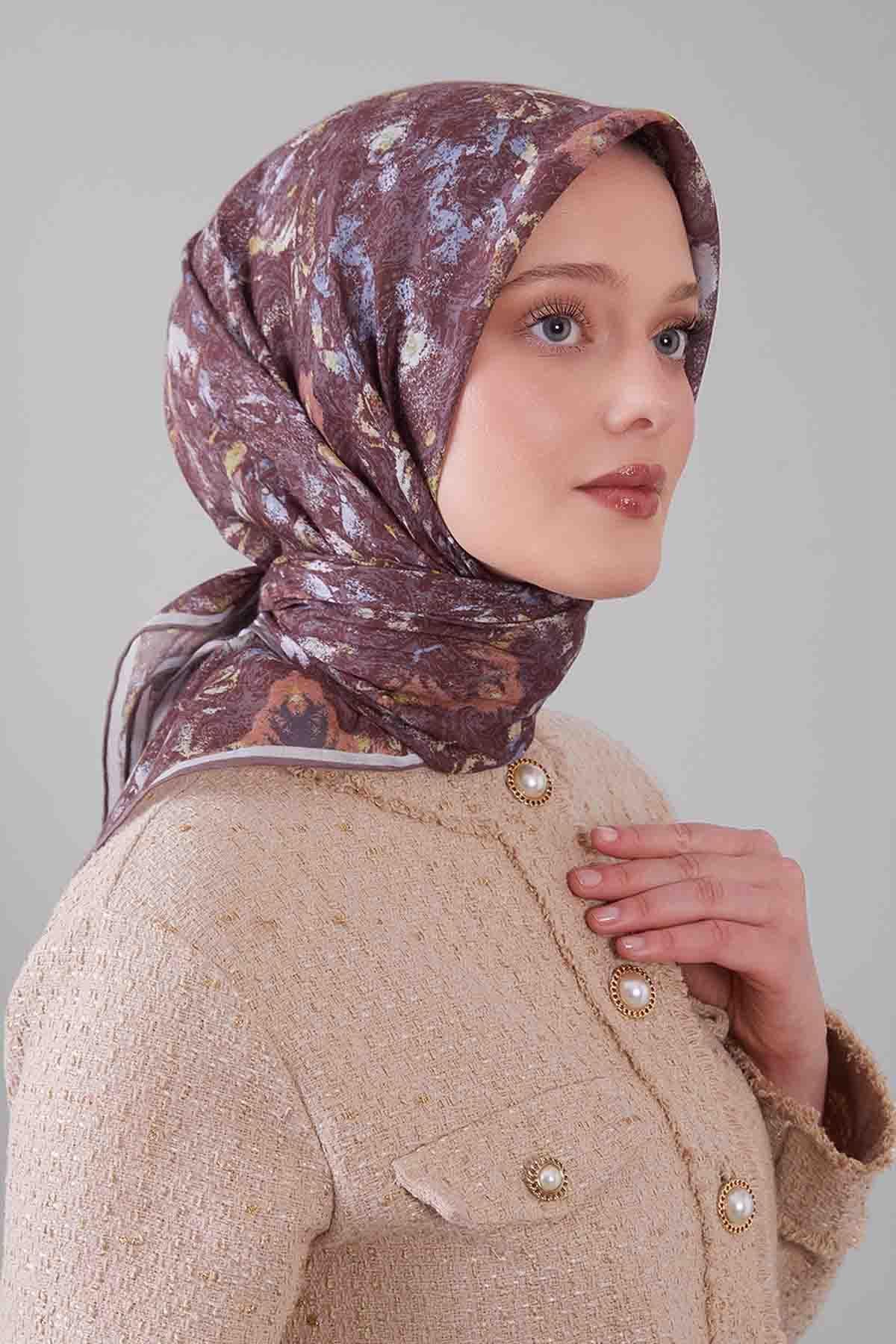 Fivescarf Sütlü Kahve Retro Çiçek Desen Silk Coton Eşarp