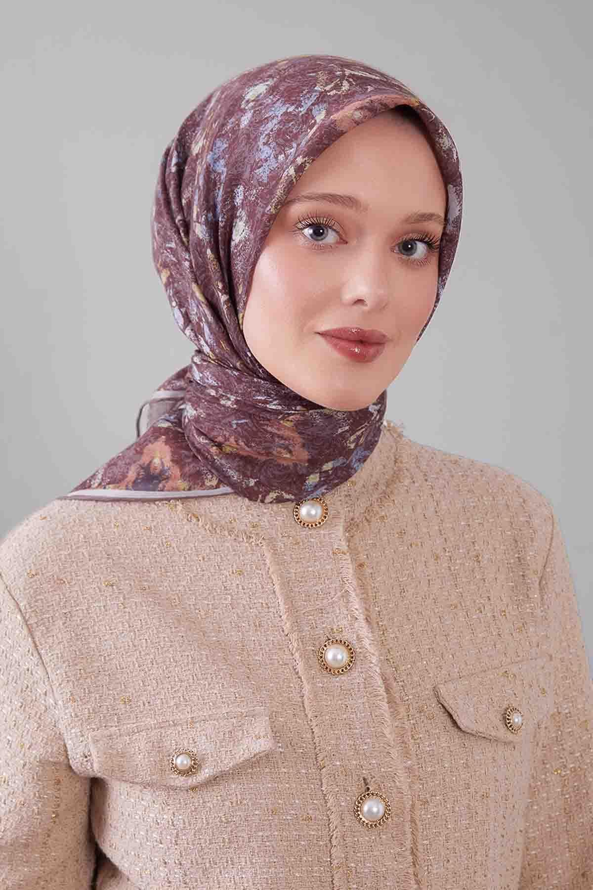 Fivescarf Sütlü Kahve Retro Çiçek Desen Silk Coton Eşarp