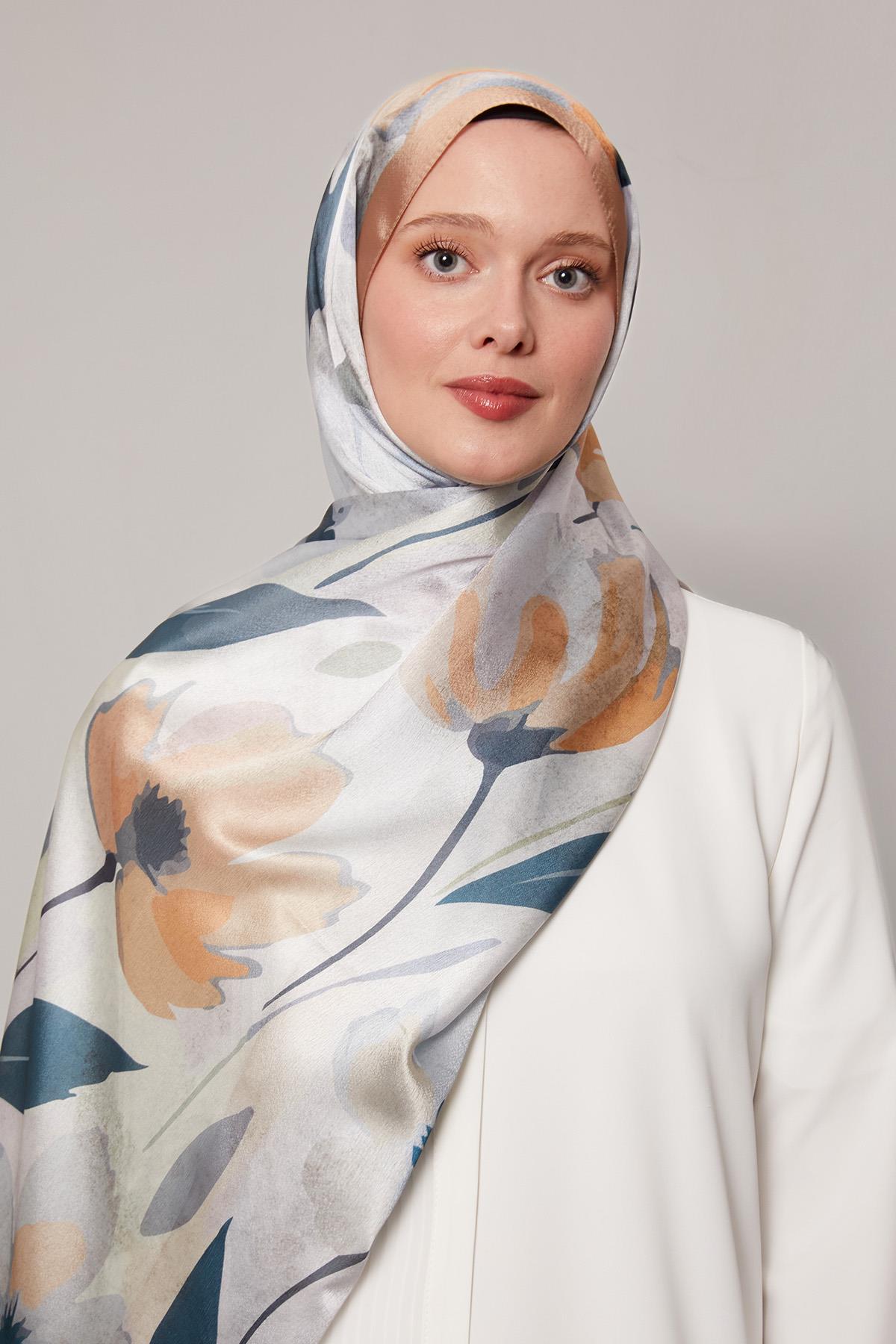 Fivescarf Sütlü Kahve Somut Çiçek Desenli Vual İpek Şal