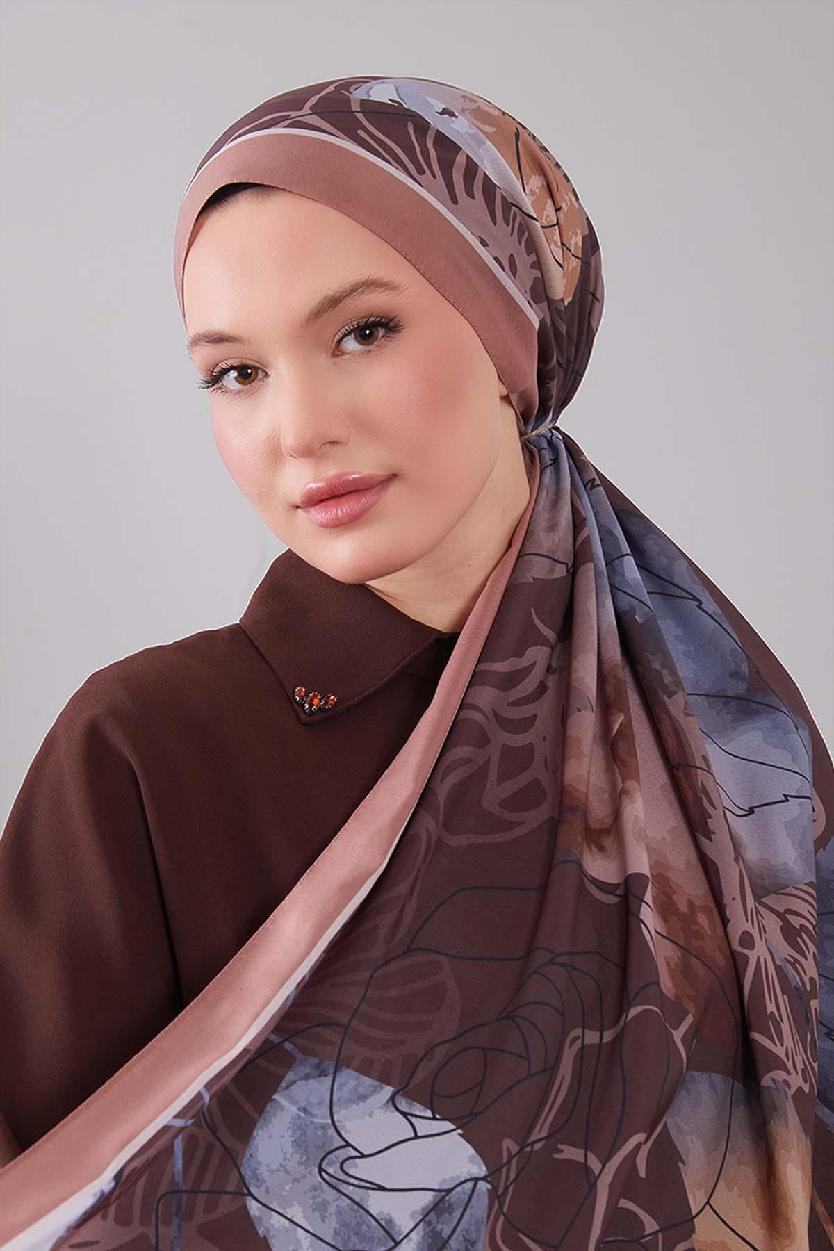 Fivescarf Taba Akvarel Yaprak Desen Moos Chrep Şal
