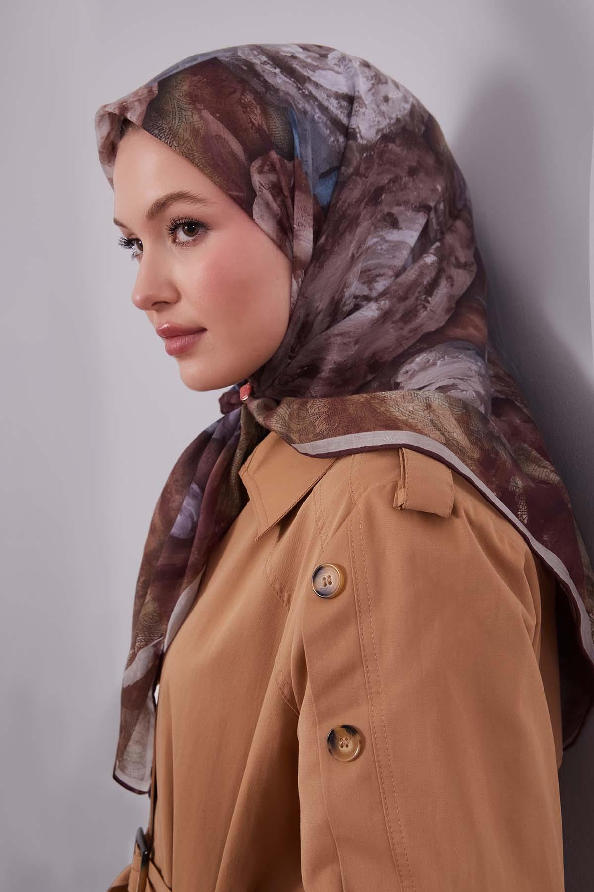 Fivescarf Taba Lale Desen Silk Coton Eşarp
