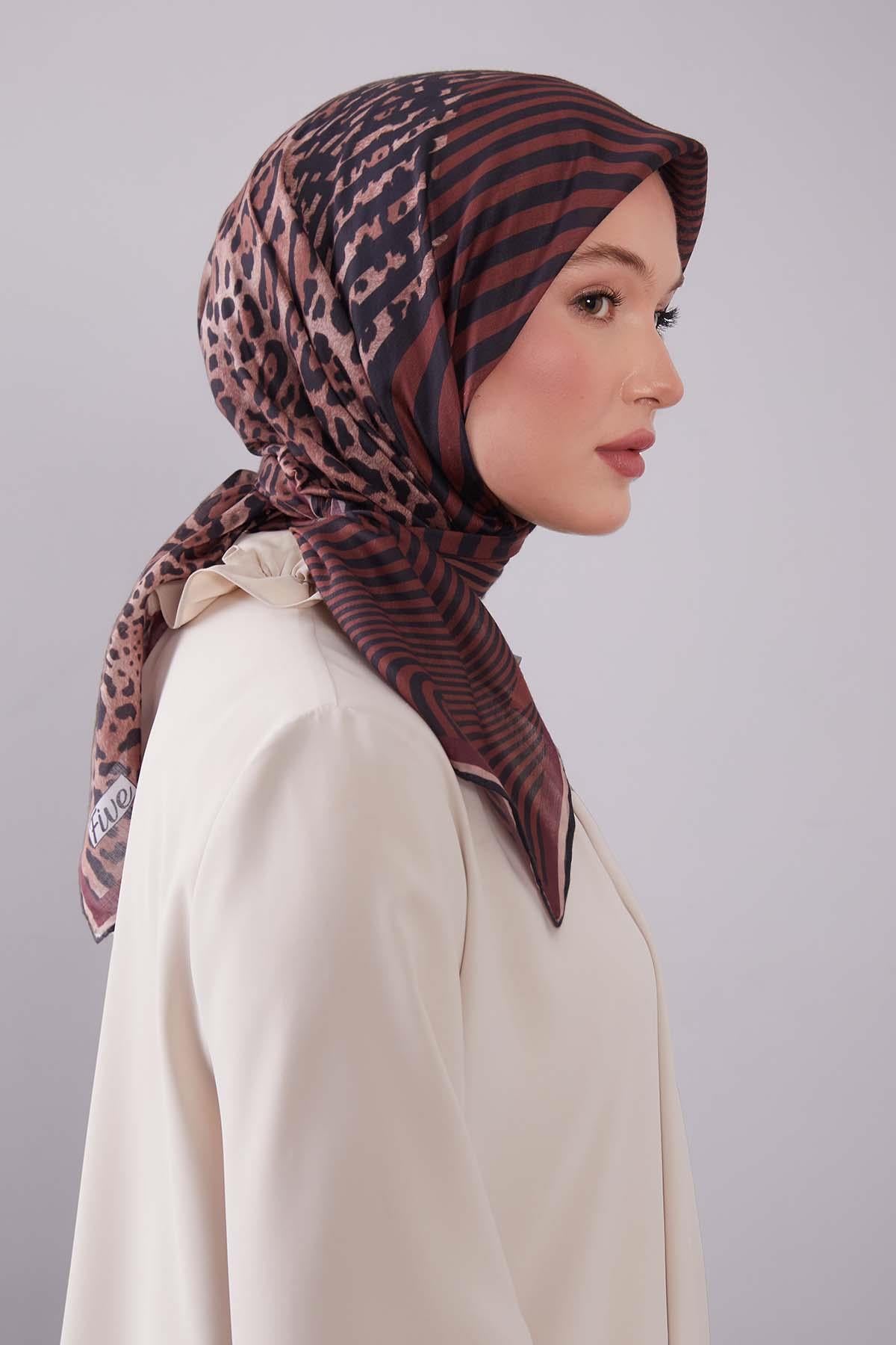 Fivescarf Taba Leopar Desen Silk Coton Eşarp