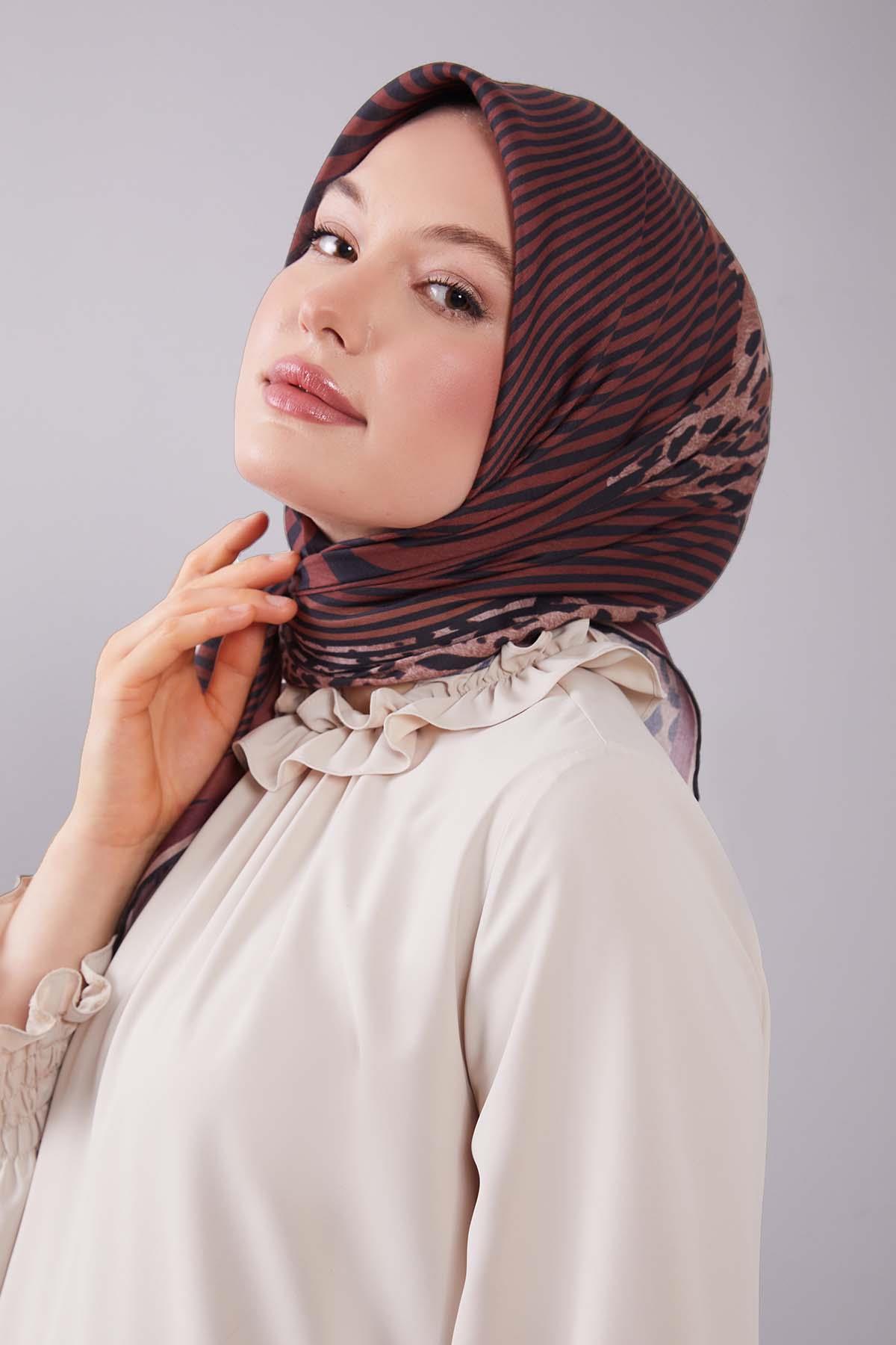 Fivescarf Taba Leopar Desen Silk Coton Eşarp