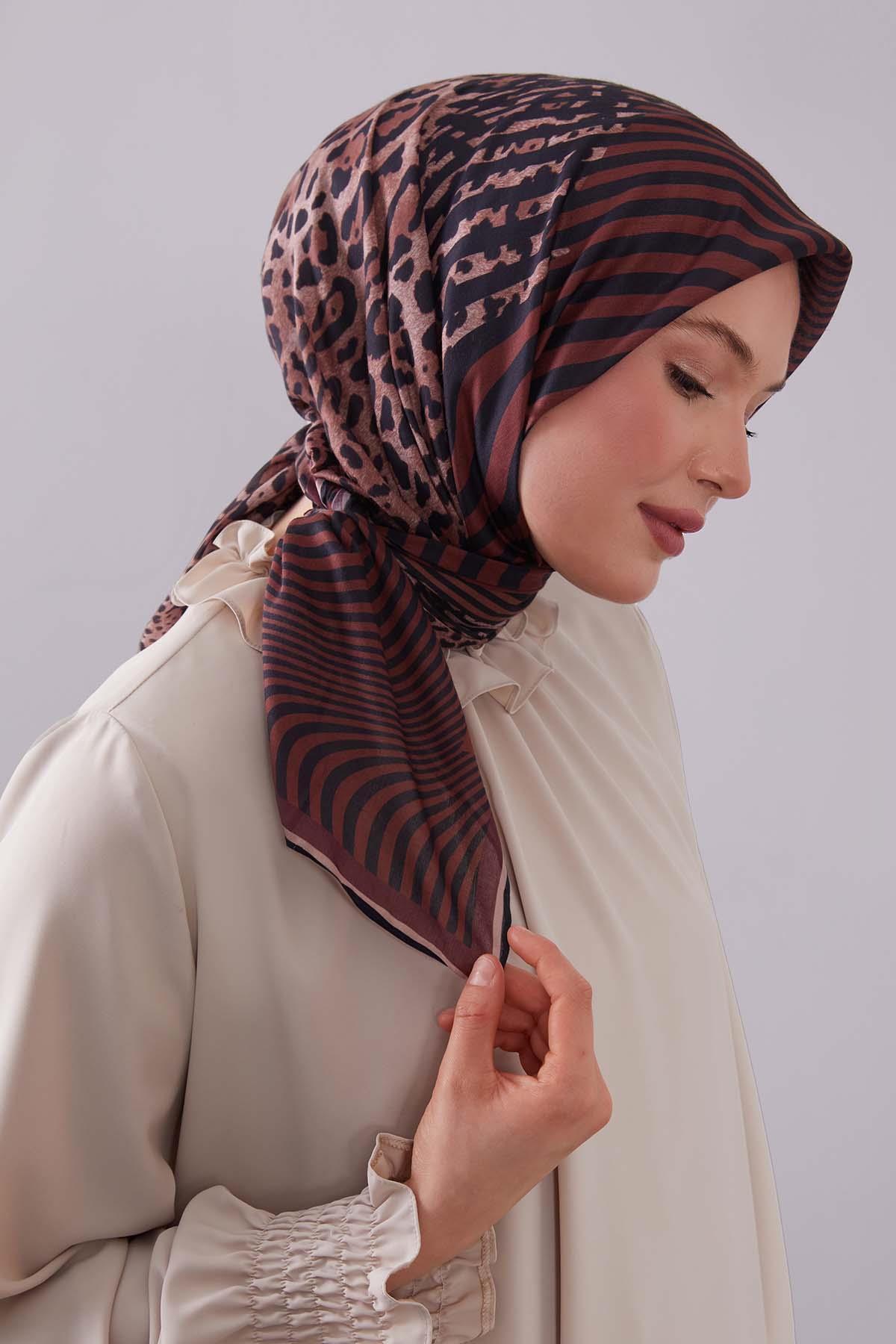Fivescarf Taba Leopar Desen Silk Coton Eşarp