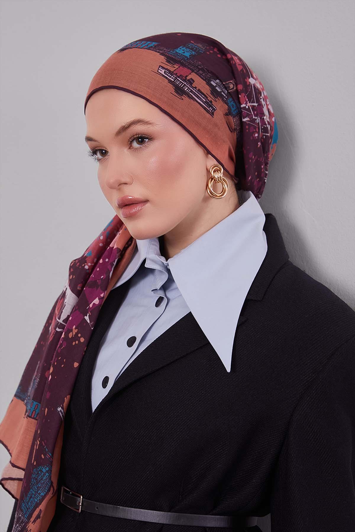 Fivescarf Taba Manzara Desen Silk Coton Eşarp