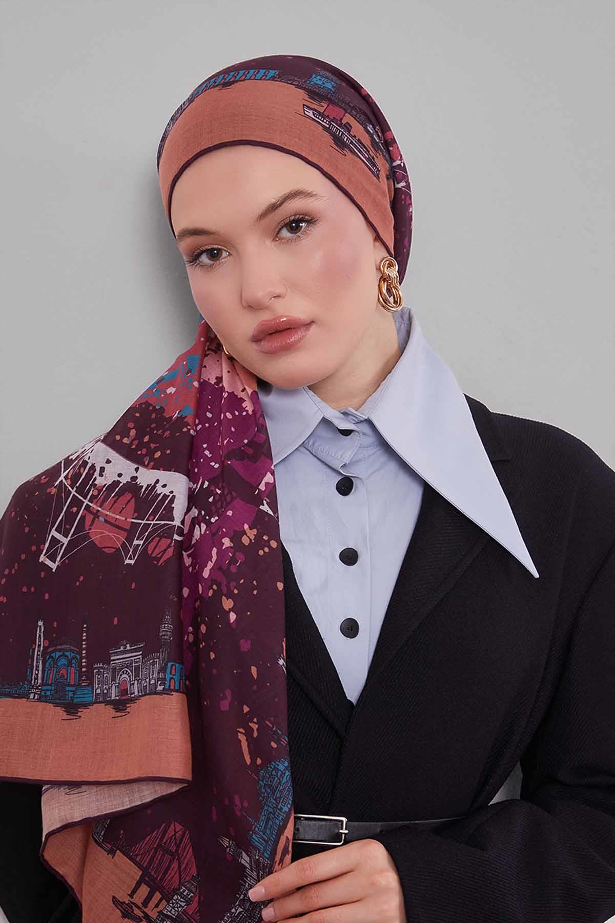 Fivescarf Taba Manzara Desen Silk Coton Eşarp