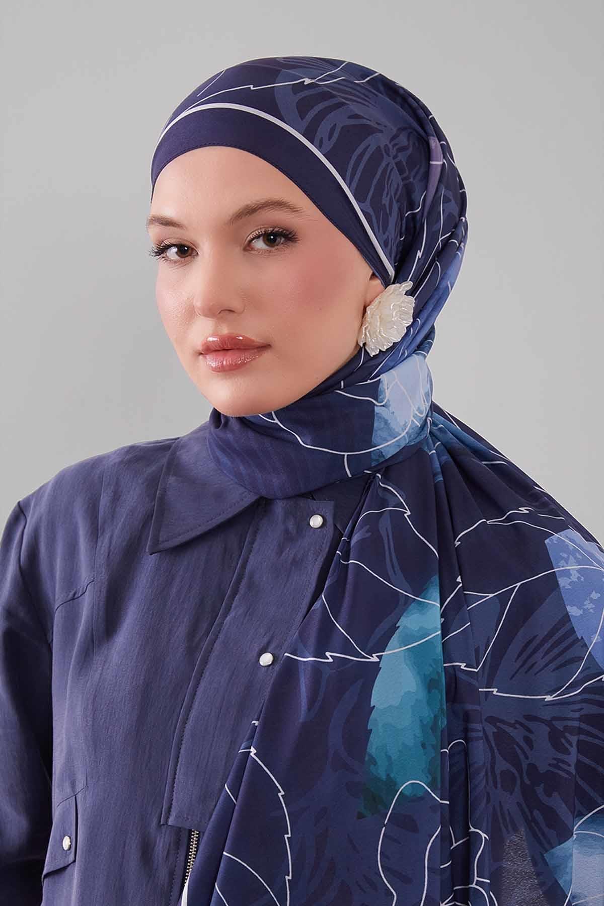 Fivescarf Turkuaz Akvarel Yaprak Desen Moos Chrep Şal