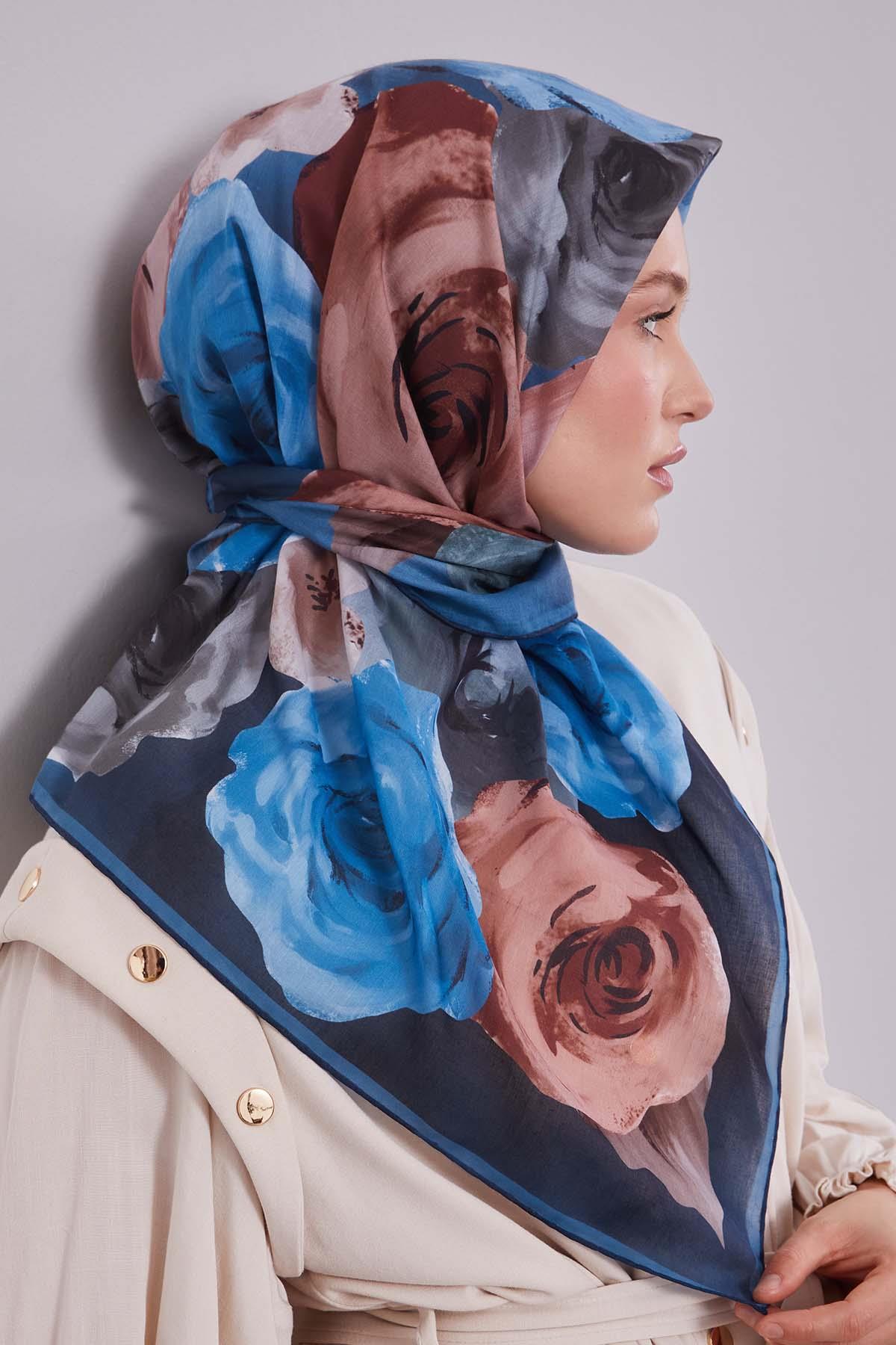 Fivescarf Turkuaz Çiçek Desen Slik Coton Eşarp